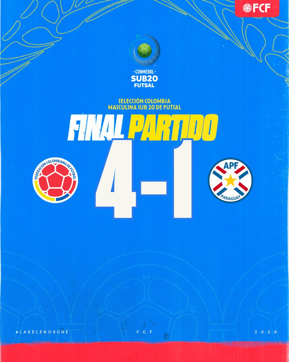 FCFSeleccionCol's tweet photo. ¡𝗙𝗜𝗡𝗔𝗟 𝗗𝗘𝗟 𝗣𝗔𝗥𝗧𝗜𝗗𝗢!

Victoria de nuestra Selección Colombia Masculina Sub 20 de Futsal en su partido en el Torneo CONMEBOL 🆚 🇵🇾

🇨🇴 4-1 🇵🇾
⚽️ Manuel Castaño, Thonson Quintero, Juan Gómez, Ángelo Jaramillo

#LaSeleNosUne🇨🇴 https://t.co/vfCS66Yxot
