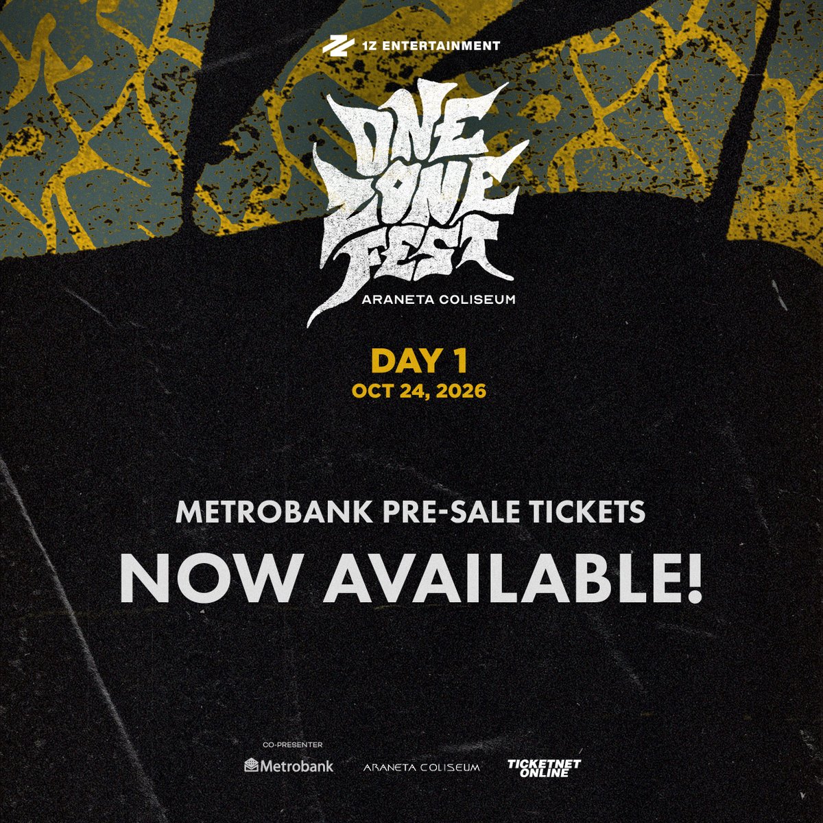 1zentertainment's tweet photo. 📣 ONE ZONE FEST: METROBANK PRE-SALE NOW OPEN

DAY 1 tickets are now available through the Metrobank Pre-sale!

October 24, DAY 1: 1Z artists + special performances
Araneta Coliseum

Secure your spot in the zone from 12NN-11:59PM PHT via https://t.co/rvDBpadaAH

#OZF #OneZoneFest #1ZEntertainment