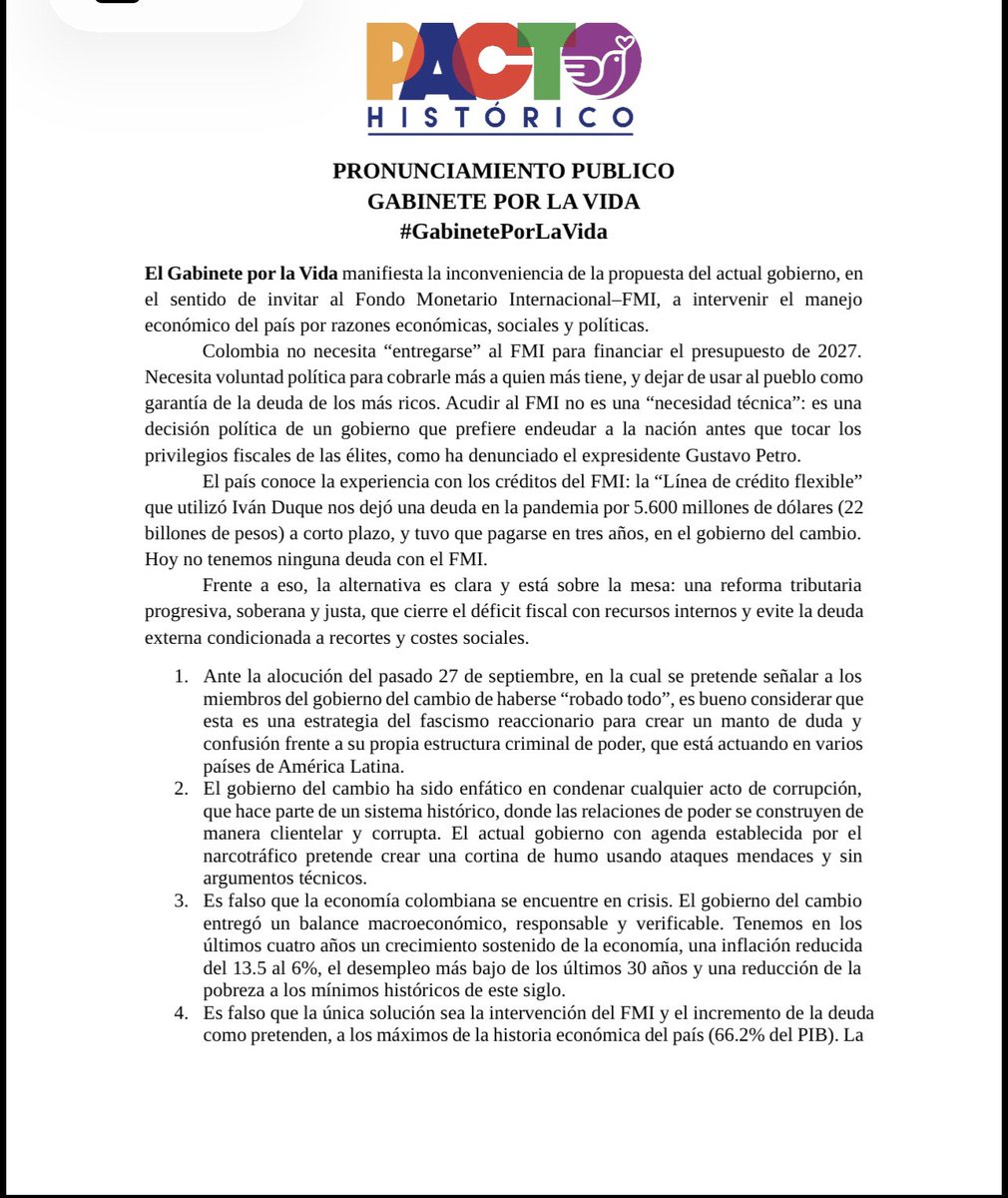 gabineteporvida's tweet photo. Fijamos nuestra posición frente a la propuesta de acudir al FMI para financiar el Presupuesto 2027 y planteamos una alternativa: tributación progresiva, recursos internos y soberanía económica.

Conozca el pronunciamiento completo.
#FMI #Presupuesto2027 @petrogustavo https://t.co/iYaxA4AMhN