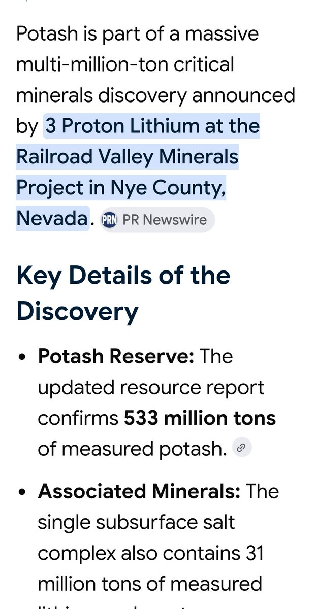bumpypumpfarm's tweet photo. @Kidar182 3 Proton Lithium's recent discovery in NV includes 533 million tons of potash. If the government decides to make mining it a priority, will fast-track the process https://t.co/N5KjuMFFe2