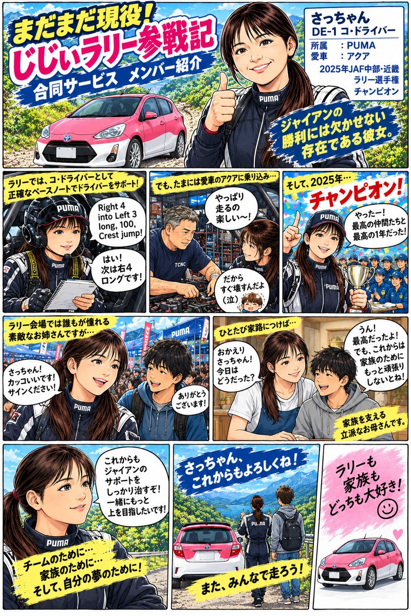 yasuu008's tweet photo. まだまだ現役❗じじぃラリー参戦記
｢原案：やすー／漫画：チャッピー｣
第99話 『合同サービスメンバー紹介｢さっちゃん｣』

#ラリー漫画
#ノンフィクション
#チャッピー
#連載中
#JAF中部近畿ラリー選手権
#ヤリス
#MRT金沢 https://t.co/jK5l3Q1oSd