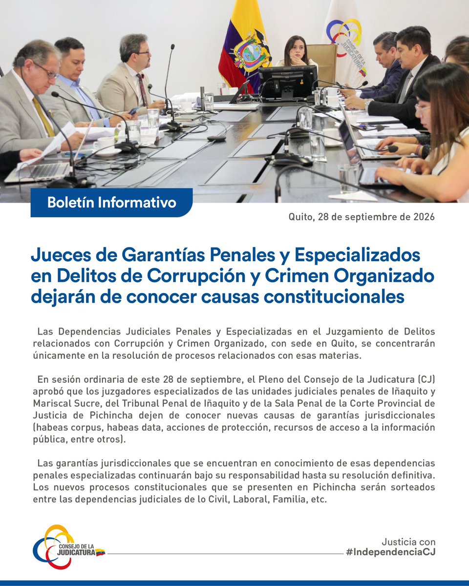 CJudicaturaEc's tweet photo. 📰 | #BoletínCJ 

El Pleno del Consejo de la Judicatura aprobó que los jueces de Garantías Penales y Especializados en Delitos de Corrupción y Crimen Organizado ya no conozcan nuevos procesos de garantías jurisdiccionales.

🔗 Conoce los detalles aquí: https://t.co/c1k0d4Wa3W

#JusticiaConIndependenciaCJ ⚖️