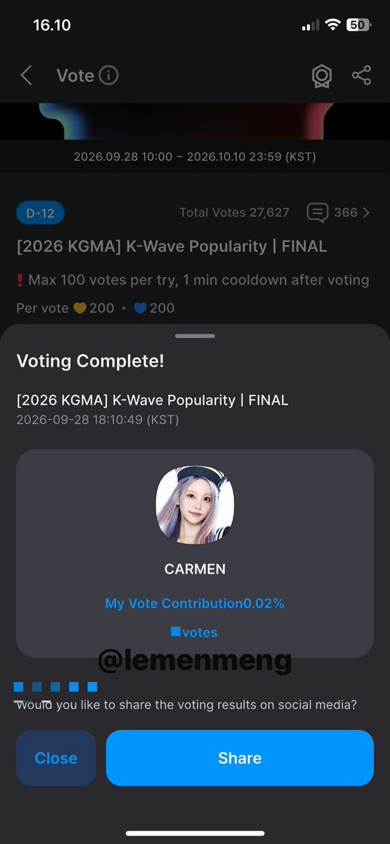 lemenmeng's tweet photo. DAY-1 DAILY STAMP VOTING FOR #CARMEN 🌴 https://t.co/I4nQZ3KCJi