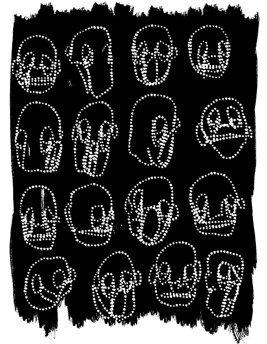 A grid of 16 distorted face emojis in a dotted, grayscale style on a black background.