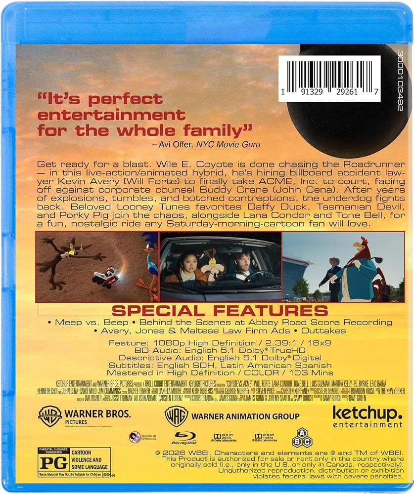 Nexus2126's tweet photo. The standard home-media artwork for Coyote vs. Acme has now been revealed, giving us our first look at the 4K Ultra HD, Blu-ray and DVD releases!

The movie is scheduled to arrive on physical media December 1, 2026 in the U.S. 

The newly revealed packaging also confirms several bonus features:

• Meep vs. Beep
• Behind the Scenes at Abbey Road Score Recording
• Avery, Jones & Maltese Law Firm Ads
• Outtakes

The 4K release lists 2160p, a 2.39:1 aspect ratio and English Dolby Atmos, while the Blu-ray contains the film in 1080p HD. The movie runs approximately 103 minutes.

After everything this movie went through, Coyote vs. Acme is officially making its way onto store shelves.

Source: Physical-media packaging / retailer listings; @CadeCarrizales on X; The Bugs Bunny Video Guide

#CoyoteVsAcme #LooneyTunes #WileECoyote #CartoonNewsource #Bluray