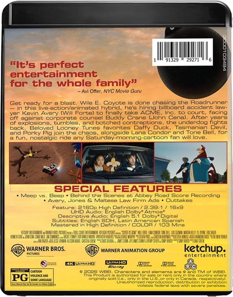 Nexus2126's tweet photo. The standard home-media artwork for Coyote vs. Acme has now been revealed, giving us our first look at the 4K Ultra HD, Blu-ray and DVD releases!

The movie is scheduled to arrive on physical media December 1, 2026 in the U.S. 

The newly revealed packaging also confirms several bonus features:

• Meep vs. Beep
• Behind the Scenes at Abbey Road Score Recording
• Avery, Jones & Maltese Law Firm Ads
• Outtakes

The 4K release lists 2160p, a 2.39:1 aspect ratio and English Dolby Atmos, while the Blu-ray contains the film in 1080p HD. The movie runs approximately 103 minutes.

After everything this movie went through, Coyote vs. Acme is officially making its way onto store shelves.

Source: Physical-media packaging / retailer listings; @CadeCarrizales on X; The Bugs Bunny Video Guide

#CoyoteVsAcme #LooneyTunes #WileECoyote #CartoonNewsource #Bluray