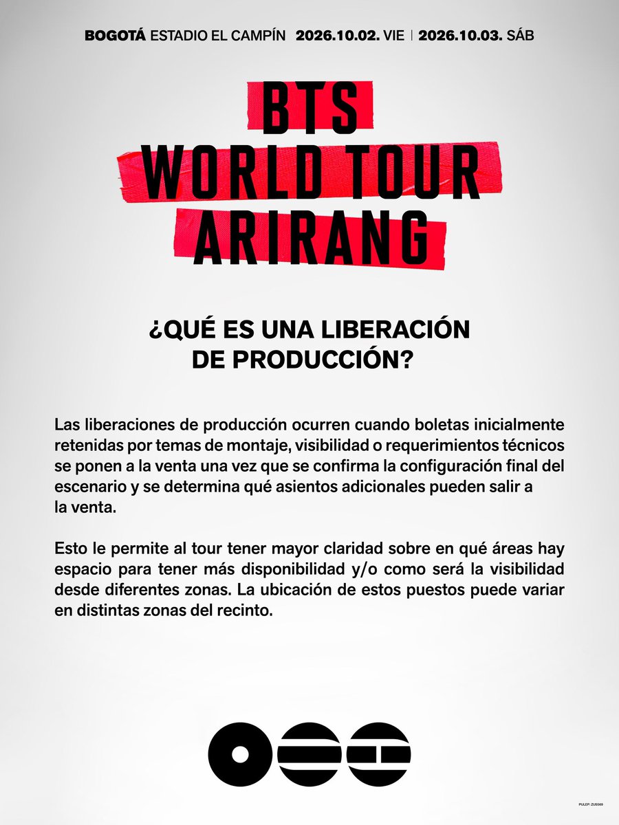 btsarmycol_'s tweet photo. 🚨 NUEVA LIBERACIÓN DE BOLETAS PARA BTS EN BOGOTÁ

Páramo y Ticketmaster anunciaron una liberación de producción para las dos fechas del BTS WORLD TOUR ‘ARIRANG’ en Bogotá.

📅 Martes 29 de septiembre
⏰ 3:00 p. m. (hora Colombia)
🎟️ Venta directamente por Ticketmaster

Se habilitará un número muy limitado de entradas, correspondientes a ajustes de producción y a boletas que fueron canceladas por incumplimiento de los términos de compra.

La venta será bajo la modalidad de primero en llegar, primero en ser atendido. La sala de espera podría habilitarse aproximadamente 30 minutos antes, por lo que se recomienda iniciar sesión con anticipación y estar preparados.

Precios:

• VIP (Gramilla): $899.000 + servicio
• Occidental Baja: $839.000 + servicio
• Oriental Baja: $799.000 + servicio
• Occidental Alta: $549.000 + servicio
• Oriental Alta: $489.000 + servicio
• Norte Alta: $329.000 + servicio
• Oriental Norte Alta: $329.000 + servicio
• Sur Alta: $329.000 + servicio
• Oriental Sur Alta: $329.000 + servicio
• Norte Baja: $249.000 + servicio
• Oriental Norte Baja: $249.000 + servicio
• Sur Baja: $249.000 + servicio

El límite se mantiene en 4 entradas por fecha de presentación.

📌 Publicación oficial de Páramo y Ticketmaster:
https://t.co/2McTapYE4a

#BTS #BTS_ARIRANG #BTSWorldTour #BTSinBogota #ARMYColombia