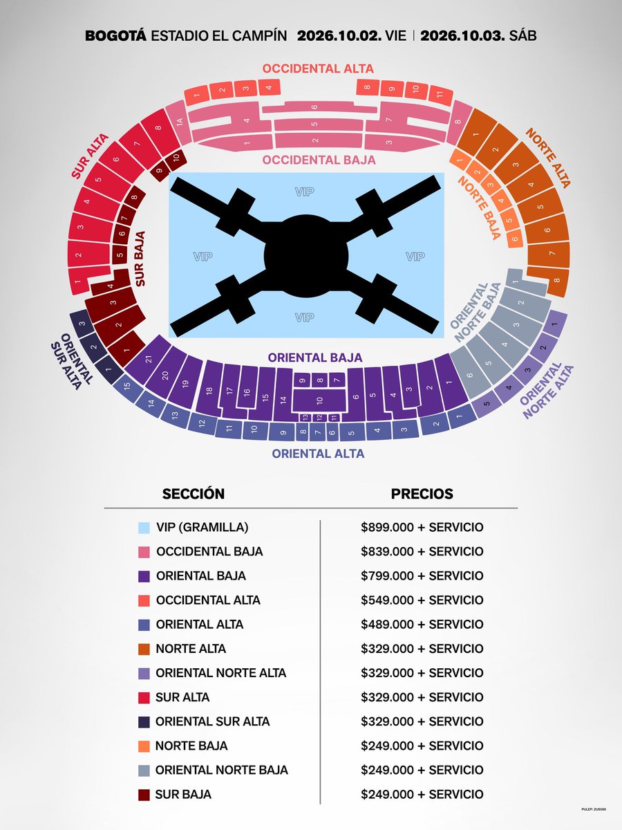 btsarmycol_'s tweet photo. 🚨 NUEVA LIBERACIÓN DE BOLETAS PARA BTS EN BOGOTÁ

Páramo y Ticketmaster anunciaron una liberación de producción para las dos fechas del BTS WORLD TOUR ‘ARIRANG’ en Bogotá.

📅 Martes 29 de septiembre
⏰ 3:00 p. m. (hora Colombia)
🎟️ Venta directamente por Ticketmaster

Se habilitará un número muy limitado de entradas, correspondientes a ajustes de producción y a boletas que fueron canceladas por incumplimiento de los términos de compra.

La venta será bajo la modalidad de primero en llegar, primero en ser atendido. La sala de espera podría habilitarse aproximadamente 30 minutos antes, por lo que se recomienda iniciar sesión con anticipación y estar preparados.

Precios:

• VIP (Gramilla): $899.000 + servicio
• Occidental Baja: $839.000 + servicio
• Oriental Baja: $799.000 + servicio
• Occidental Alta: $549.000 + servicio
• Oriental Alta: $489.000 + servicio
• Norte Alta: $329.000 + servicio
• Oriental Norte Alta: $329.000 + servicio
• Sur Alta: $329.000 + servicio
• Oriental Sur Alta: $329.000 + servicio
• Norte Baja: $249.000 + servicio
• Oriental Norte Baja: $249.000 + servicio
• Sur Baja: $249.000 + servicio

El límite se mantiene en 4 entradas por fecha de presentación.

📌 Publicación oficial de Páramo y Ticketmaster:
https://t.co/2McTapYE4a

#BTS #BTS_ARIRANG #BTSWorldTour #BTSinBogota #ARMYColombia