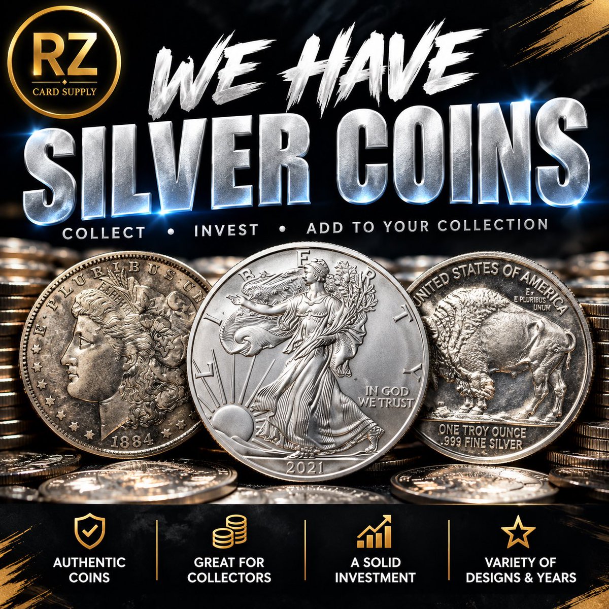 RZCARDSUPPLY's tweet photo. We have Silver Coins from around the world!
Come shop with us and find the next piece for your collection!
➡️ https://t.co/9zYgPTtdgL⬅️

 #Numismatics
 #CoinCollecting
 #CoinsForSale
 #SilverCoins
 #GoldCoins
 #Bullion
 #RareCoins
 #WorldCoins
 #CoinCollector
 #PreciousMetals https://t.co/KHvruzu5rK