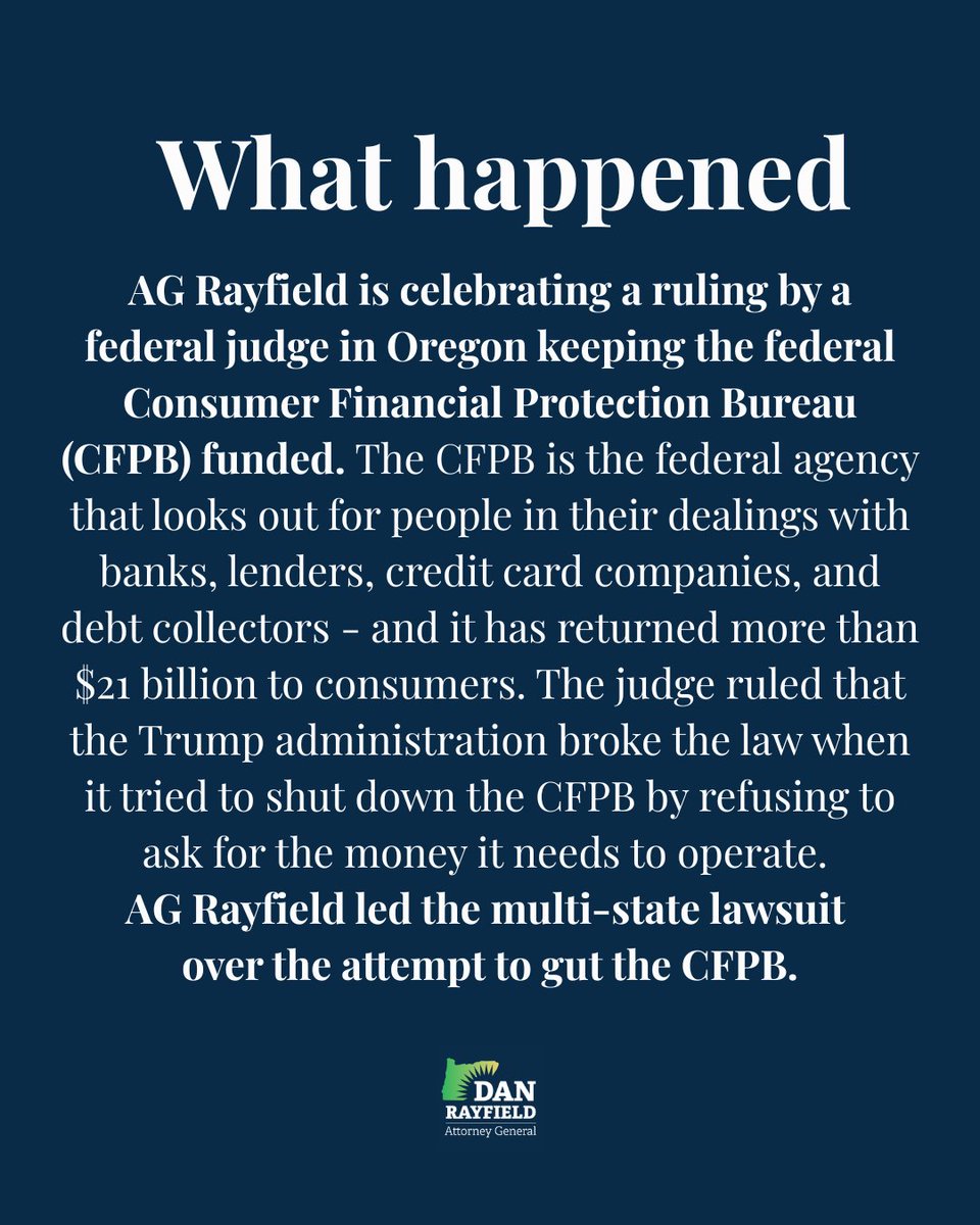 AGDanRayfield's tweet photo. A federal judge in Oregon ruled that the Trump administration broke the law when it tried to shut down the Consumer Financial Protection Bureau.

This is a win for every Oregonian who's ever been hit with a hidden fee or a loan that wasn't what they were promised. https://t.co/opsA0oL5bG