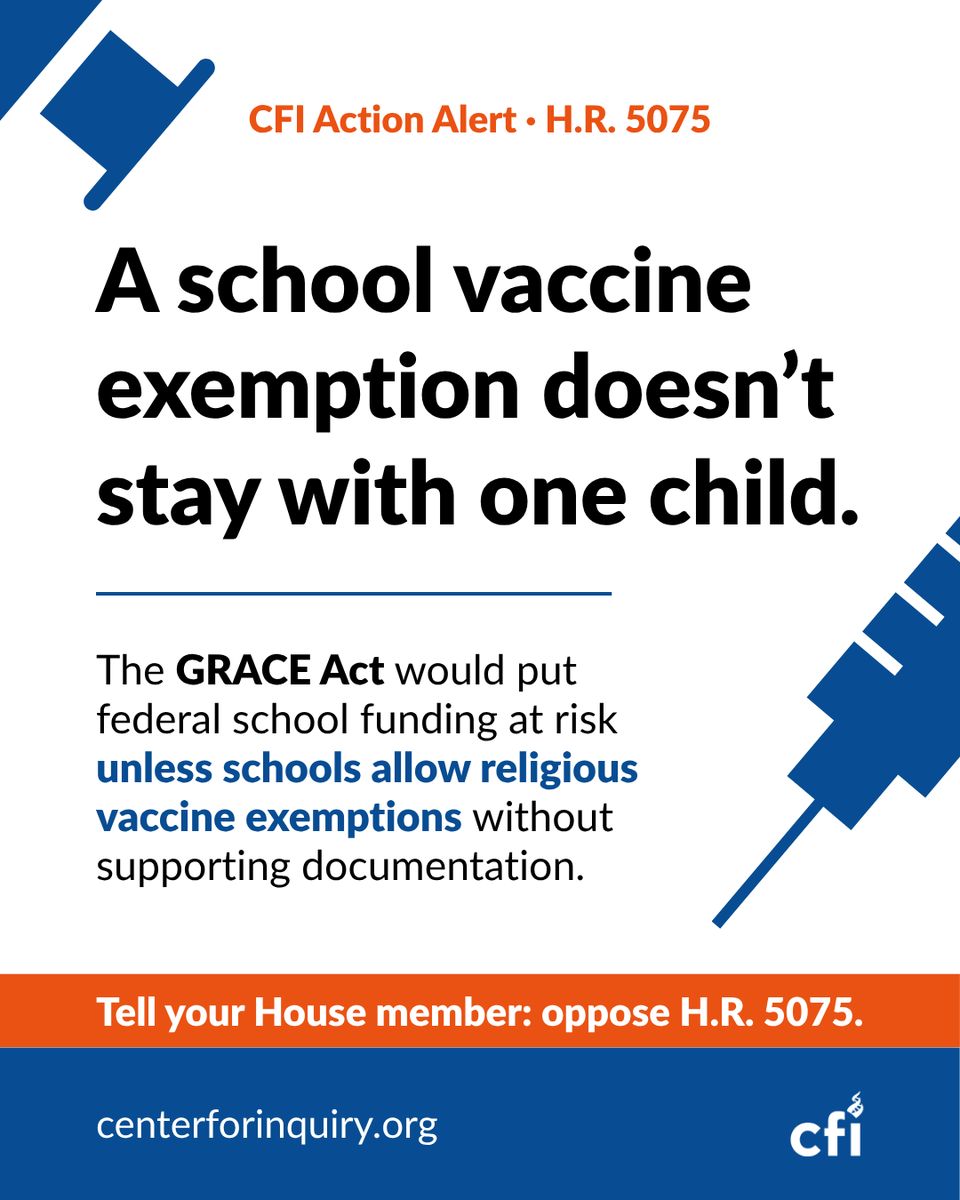 center4inquiry's tweet photo. Some children can’t be vaccinated for medical reasons. Part of their protection depends on their classmates being vaccinated.

The GRACE Act would threaten federal school funding unless schools allow religious vaccine exemptions without requiring supporting documents. Ask your House member to oppose H.R. 5075:
https://t.co/Y4rTYLrojc