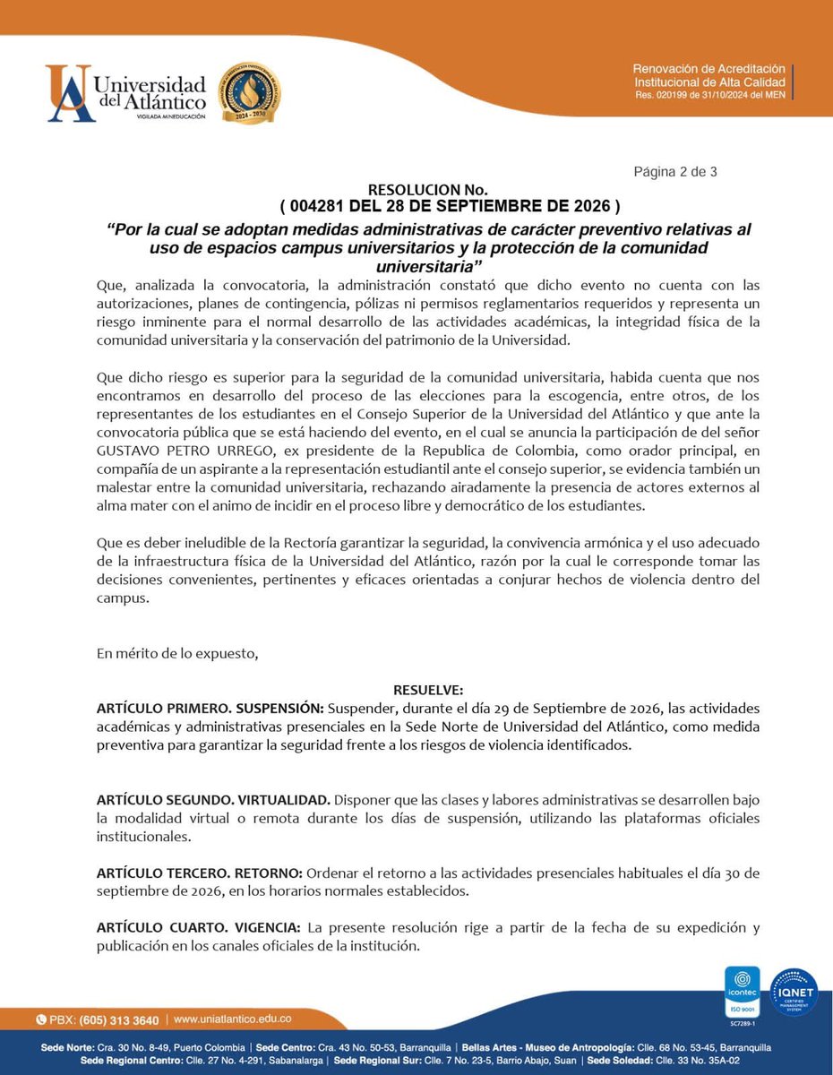 Reytorre's tweet photo. La Rectoría de Cambio Radical en la Universidad del Atlántico acaba de suspender las clases mañana para impedir que los estudiantes participen en un foro al que asistirá el presidente @petrogustavo. Mañana ese espacio tiene que estar a reventarrrr, a pesar del evidente saboteo de @LeytonBarrios_.