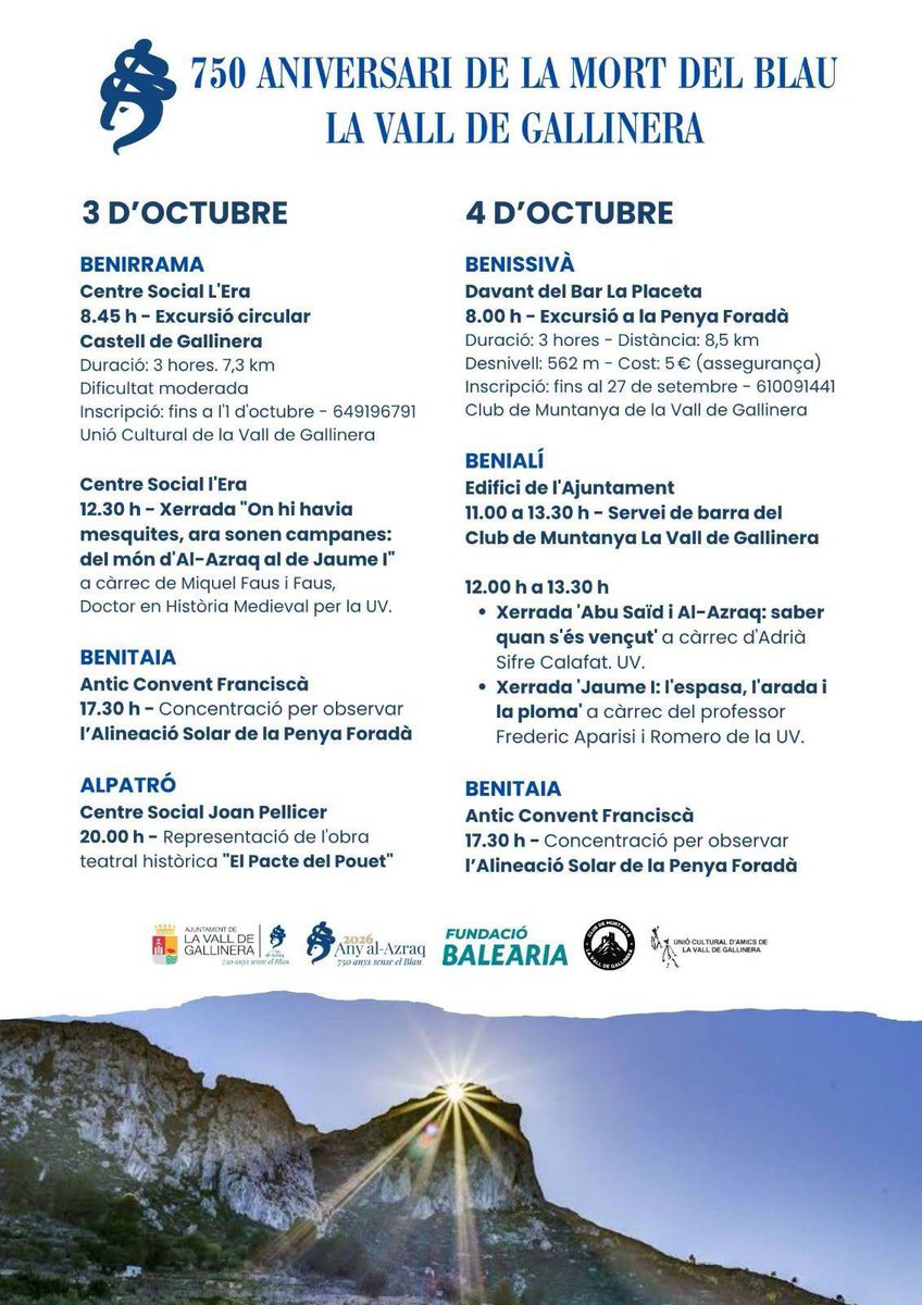 CompanyStas's tweet photo. #3oct26/a
Al-Azraq:
✓ Benirrama
* 3/4 de 9h excursió
* 2/4 d'1hV xerrada
✓ Pego/passeig d'Atzeneta
* 9h visita castell d'Ambra
✓ Benitaia
* 2/4 de 6hV alineació amb la Foradada
✓ Alpatró/CSocial
* 8hV "El pacte del Pouet
✓ Bocairent/teatreAvenida
* 2/4 d'8hV Poemes https://t.co/OkUXuubZaL