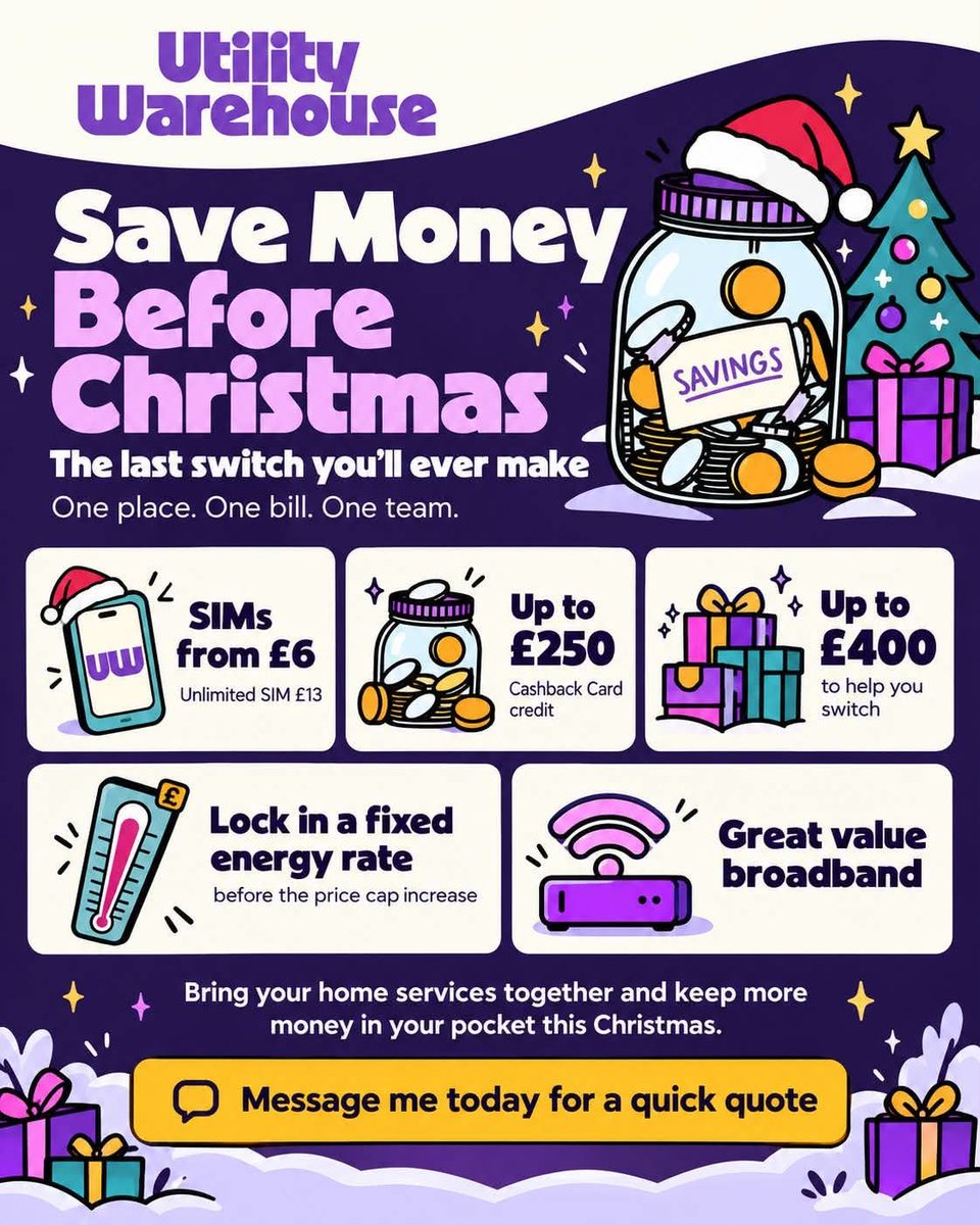 saintdusty's tweet photo. 🎄 Cut your household bills before Christmas!

Now's the time to look at UW &amp; see what you will save every month.

📱 Unltd SIMs for just £13
⚡ Lock in the UKs cheapest Fixed Energy
💳Up to £250 on the Cashback Card
🔄 Up to £400 towards switching fees
📶 Superfast Broadband https://t.co/YxJkrRo4Zv