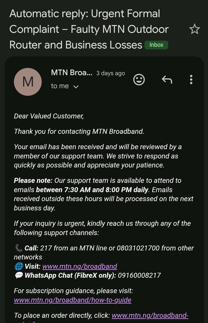 iam__thevine's tweet photo. @MTNNG @MTNNG URGENT: We bought 4 MTN Outdoor Routers for a time-sensitive project. 3 worked, but 1 has had NO internet since purchase on 21/09/26.
After repeated complaints, it's now
28/09/26 with no resolution. We have lost time and resources because of this. 
Please resolve https://t.co/LNCDi2BfTi