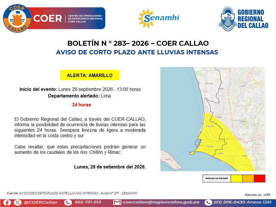 COERCallao's tweet photo. AVISO DE CORTO PLAZO ANTE LLUVIAS INTENSAS - AVISO N° 271 -SENAMHI. 

#Callao #Bellavista #CarmenDelaLeguaReynoso #laPerla #LaPunta #MiPeru #Ventanilla #GobiernoRegionalDelCallao #COERInforma https://t.co/Q1AZtIcylJ
