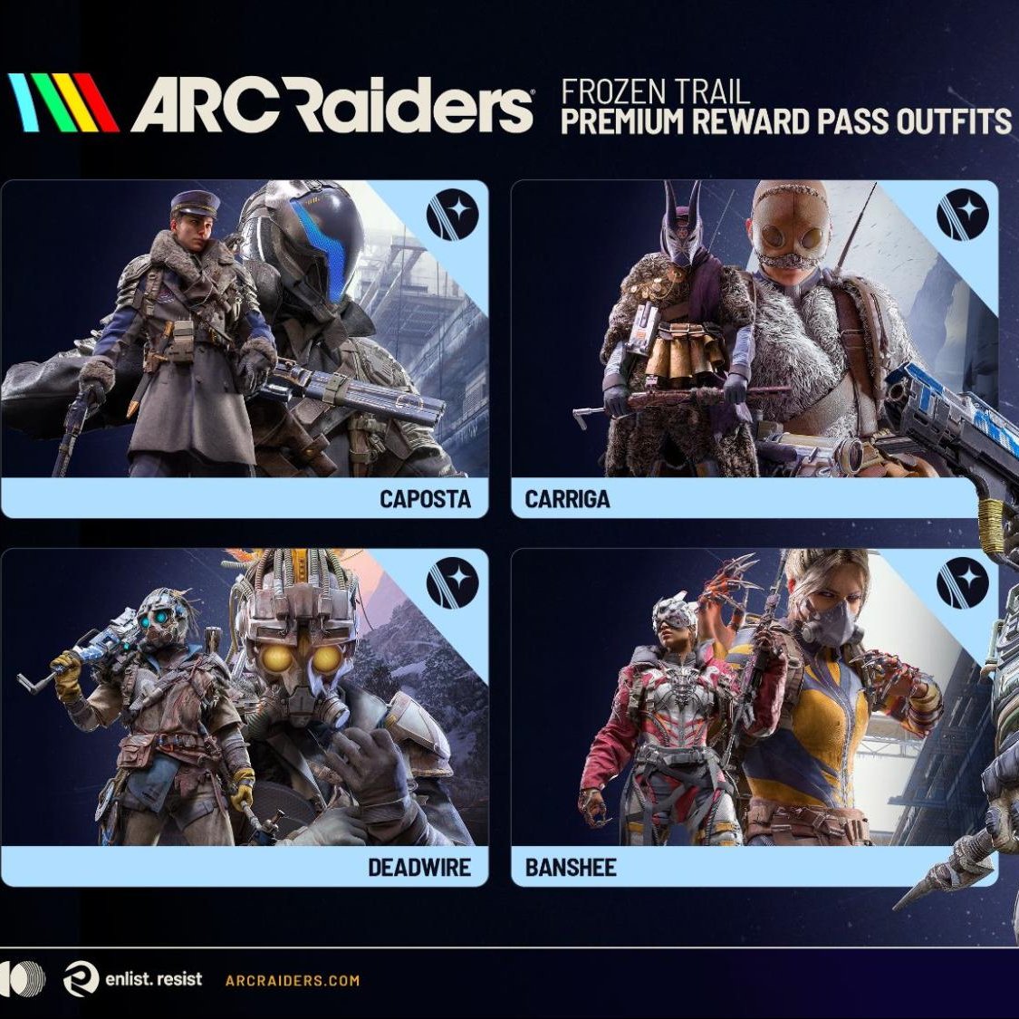ThatARCGuy's tweet photo. These new outfits as part of the upcoming Reward Pass are straight 🔥

They remind me of some ARC-space version of Street Fighter characters and I'm here for it. https://t.co/xg2rARl2Wh