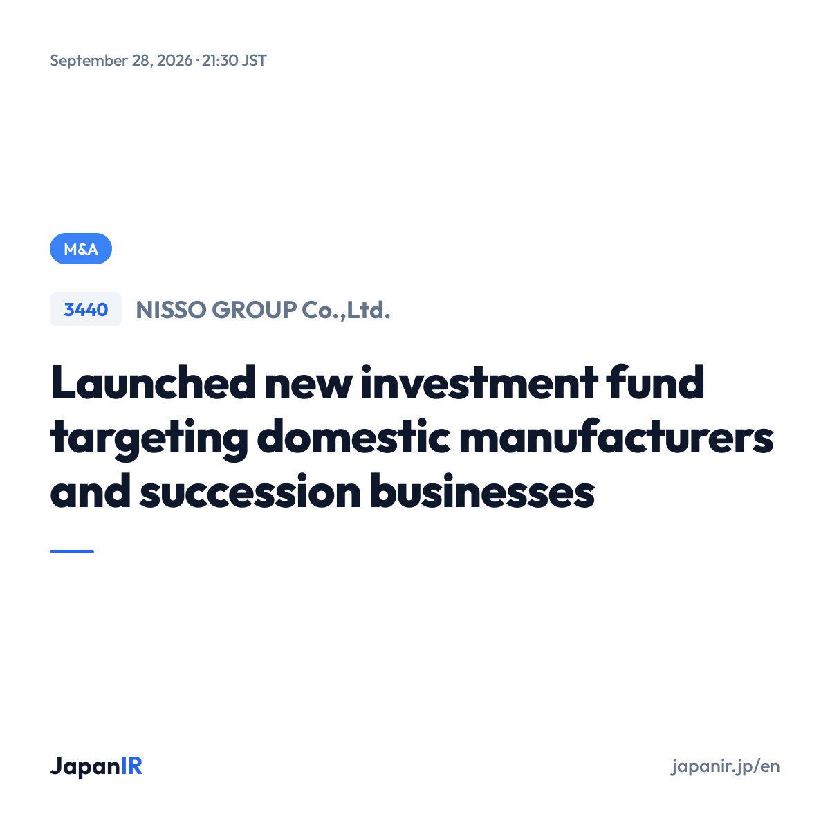 JapanIR_en's tweet photo. Japan IR Highlight - Sep 28, 2026

NISSO GROUP Co.,Ltd. (3440)
M And A Alliance

https://t.co/uzgn2IvciJ
#JapanStocks #JapaneseStocks #JapanIR #MandA https://t.co/dYfEqxYXed