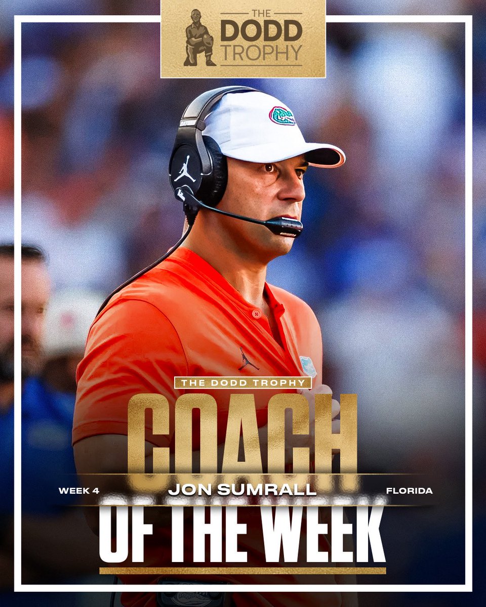 thedoddtrophy's tweet photo. Statement Win 🔥🐊

Coach Sumrall led @GatorsFB to a dominate win over No. 4 Ole Miss, earning this week’s Dodd Coach of the Week honors! 

🔗 https://t.co/rLmJoggJkk

#DoddTrophy https://t.co/xTe1gsh9Tj