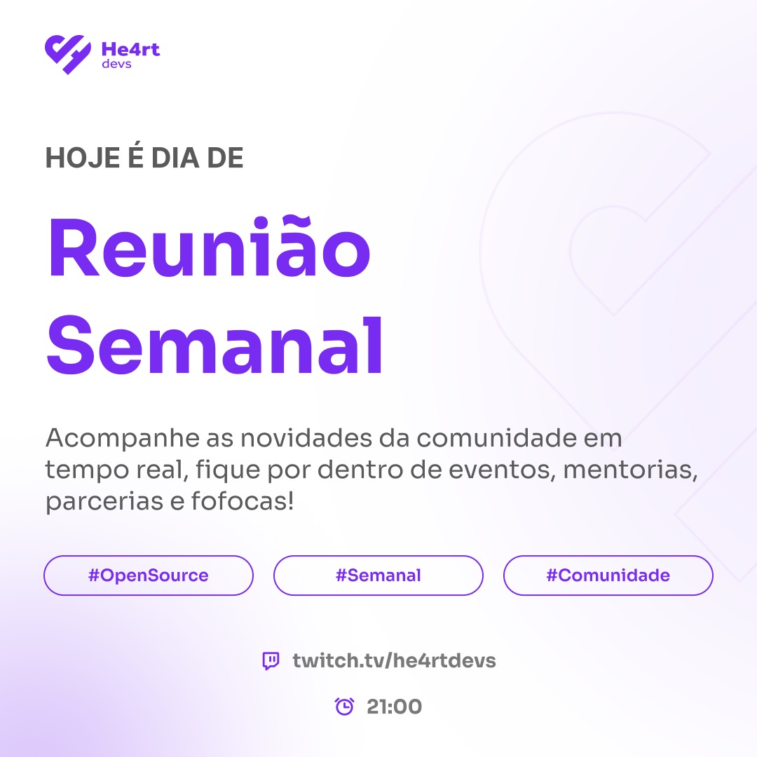 He4rtDevs's tweet photo. Segunda é dia de ficar por dentro de tudo que tá rolando na He4rt 💜

Hoje, às 21h, tem Reunião na Twitch

Vamos passar pelas novidades da comunidade, parcerias e, claro, as fofocas oficiais da semana!

📺 https://t.co/Rto4kRPpCG
Entra na live e manda um salve no chat. https://t.co/TAzbiJHf1B