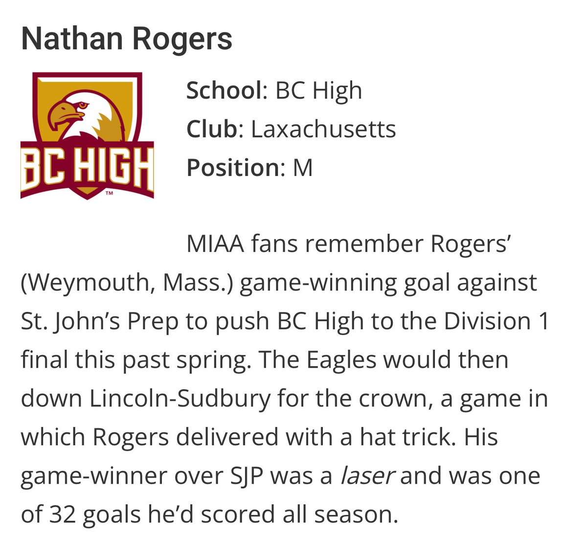 FriendsofBCHLax's tweet photo. Thank you @NELaxJournal and @cookejournalism for the shout out today to @BCHighlacrosse Midfielder Nathan Rogers in “Boys Recruiting: Top 13 Uncommitted ‘28s Still on the Board” in New England. @BChighathletics @MS_HS_LAX @LXCMinutemen @natlaxfed @sports_ledger https://t.co/ejKsBWEMw7