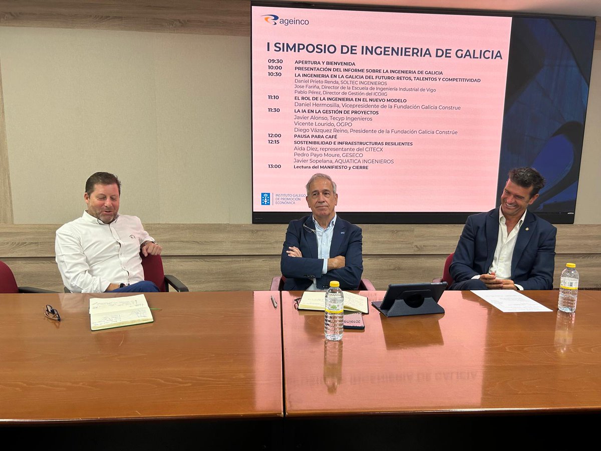 icoiig's tweet photo. El #ICOIIG participa en el Simposio de #Ingeniería de Galicia de @ageinco, con 3 colegiados compartiendo una conversación necesaria para el futuro de la ingeniería en Galicia. 🤝
🔹 Pablo Pérez, (ICOIIG)
🔹 Daniel Prieto, (Soltec Ingenieros)
🔹 José Fariña, director @eeiuvigo https://t.co/Cvrf6F9IEr