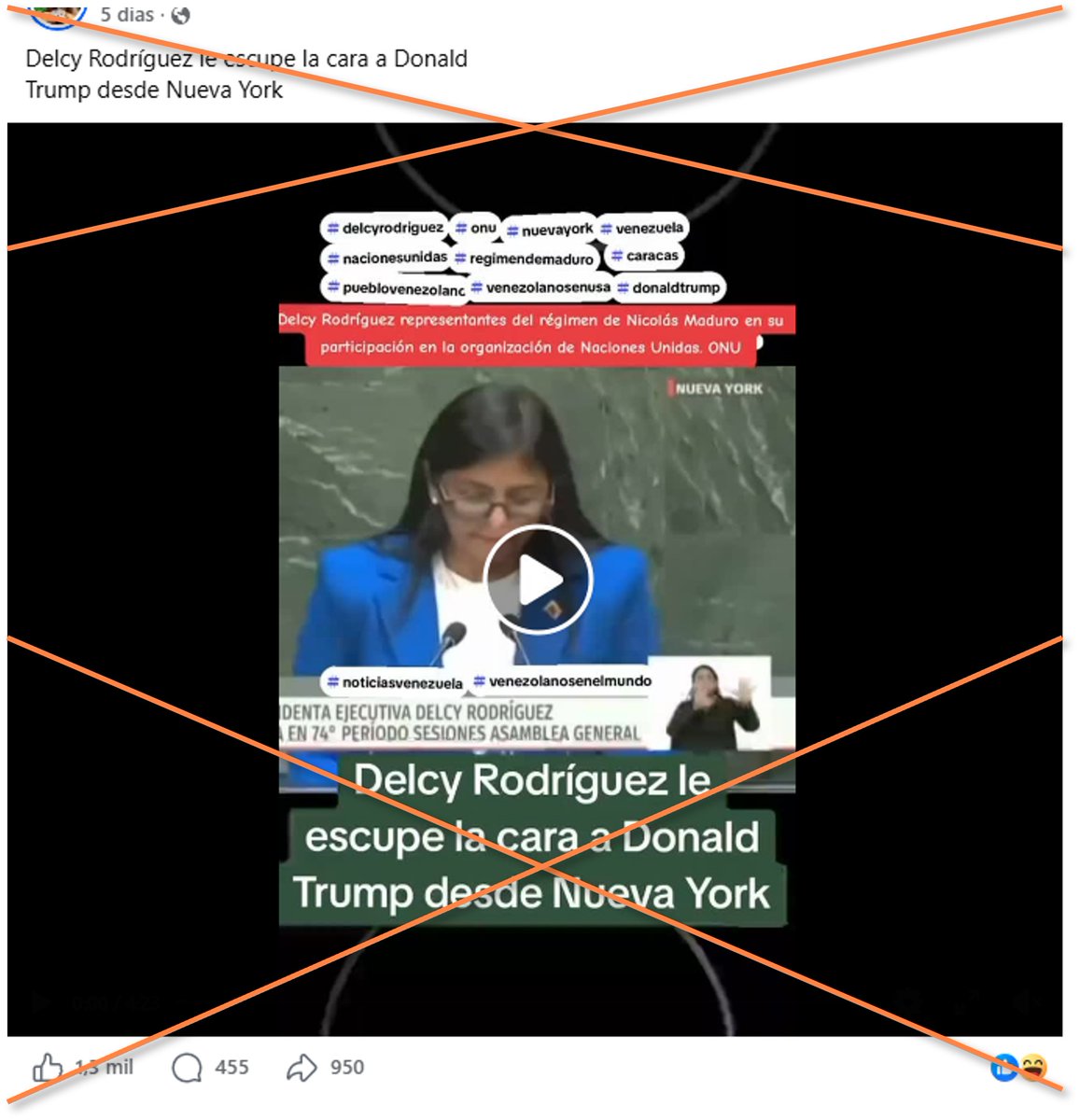 AfpFactual's tweet photo. 🇨🇴 La presidente interina de Venezuela, Delcy Rodríguez, no criticó a Donald Trump en la ONU en 2026. 

🔍 El video que circula en redes sociales es de 2019.  En su discurso de 2026, Rodríguez agradeció a Trump por retomar las relaciones.

➡️ https://t.co/iNhO8okE1I https://t.co/n6Z7nFBkh4