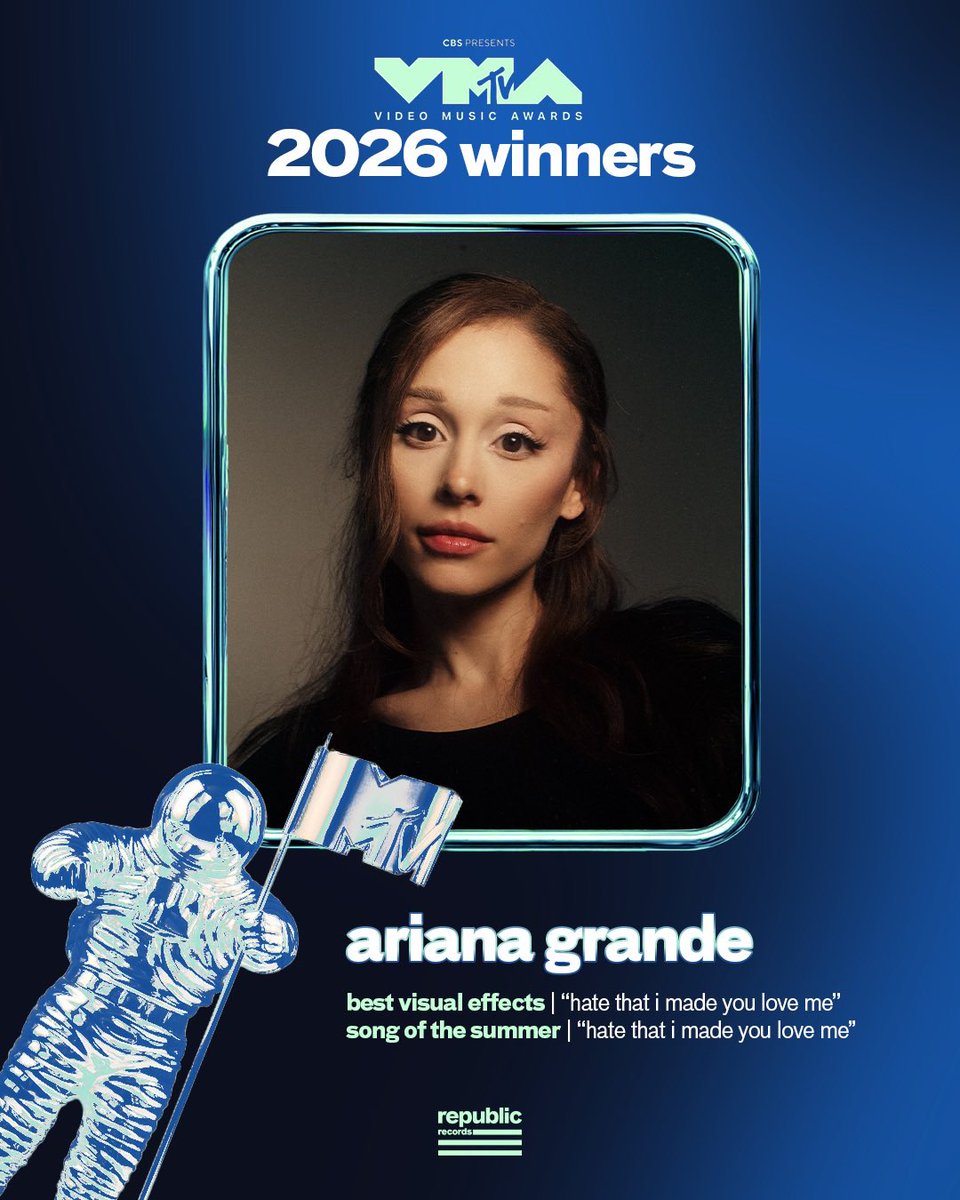RepublicRecords's tweet photo. congratulations to ariana grande on her “hate that i made you love me” @vmas wins 🏆 it's truly been a 'petal' season ꕤ ｡° https://t.co/U95p44fN5n