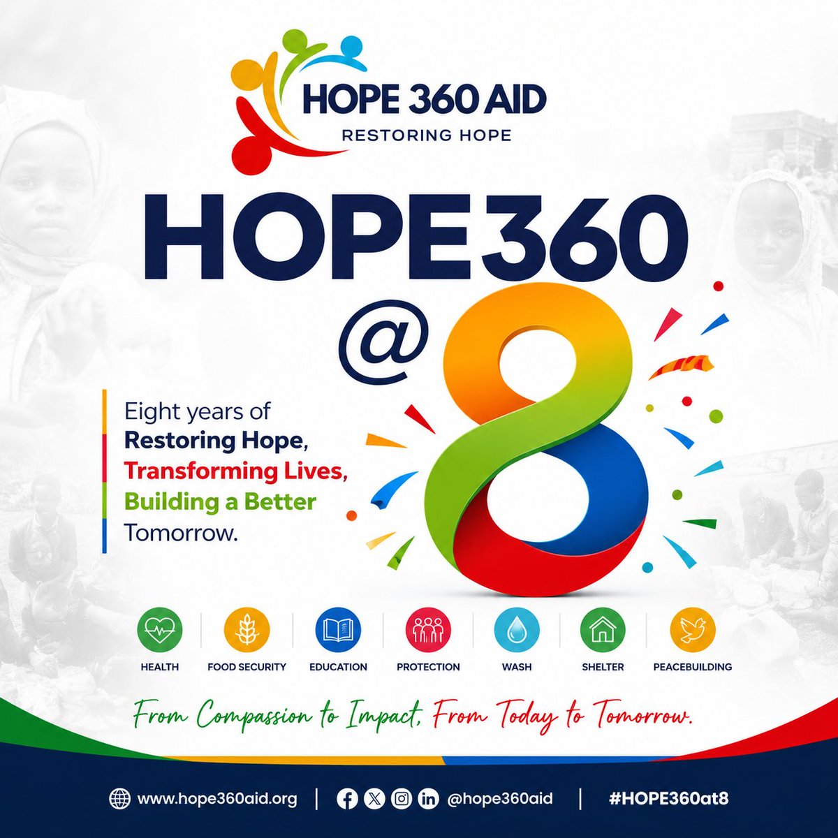 hope360aid's tweet photo. 🎉 HOPE360 TURNS 8! 🎉
8 Years of Restoring Hope. Serving Humanity. Creating Impact.

Today, 28 September 2026, we proudly celebrate 8 years of HOPE360 Initiative for Peace (HOPE360).

🌟 HOPE360 — Restoring Hope, Transforming Lives.

#HOPE360At8 #HOPE360 #8YearsOfImpact https://t.co/xMzwkDobfM
