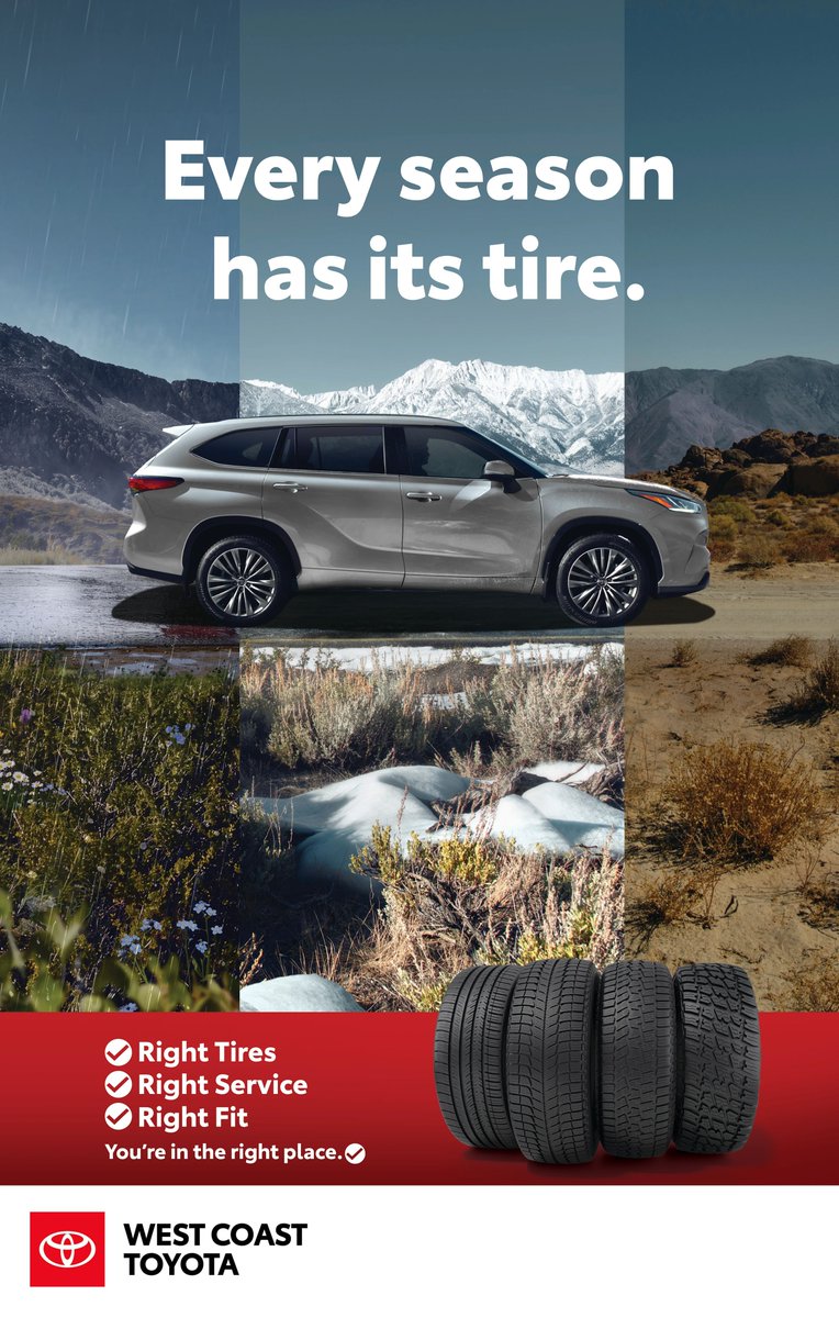wc_toyota's tweet photo. Every season brings different road conditions, is your #Toyota ready for whatโs ahead? ๐ง๏ธโ๏ธโ๏ธ
Don't wait until the weather turns. Book your #seasonaltireservice with #WestCoastToyota today: https://t.co/TxrigbUaDW https://t.co/teBkxxPUKQ