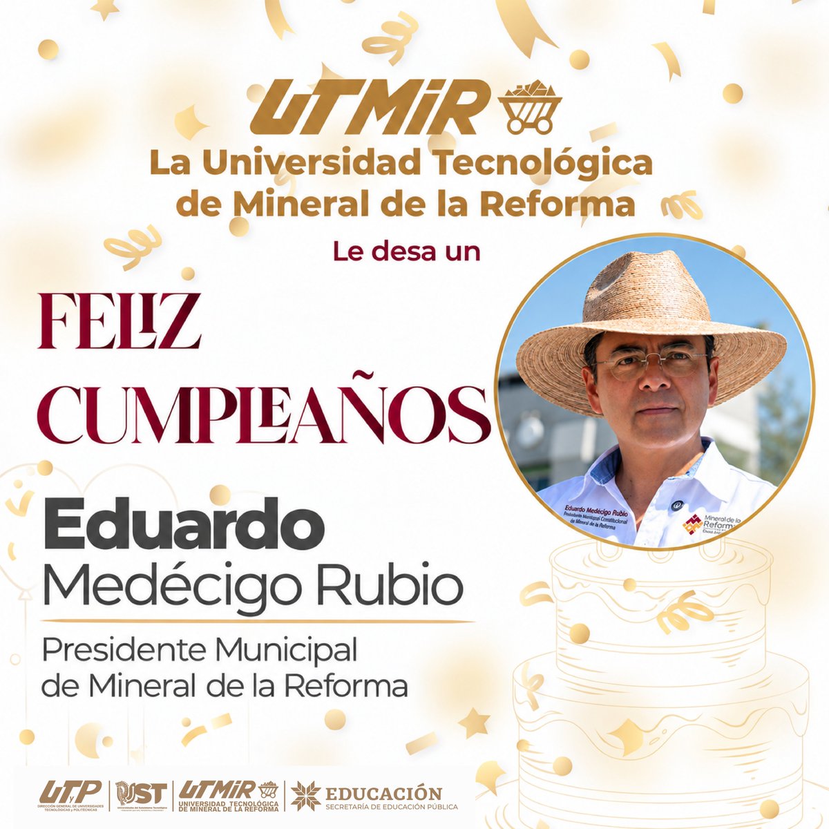 ut_mineral's tweet photo. La comunidad de la #UTMiR extiende una cordial felicitación a @LaloMedecigoMR, Presidente Municipal de Mineral de la Reforma, con motivo de su cumpleaños.
Le deseamos bienestar, salud y un excelente día en compañía de sus seres queridos.
¡Muchas felicidades!
#SOMOSRAPTORS https://t.co/eubsCIWnxb