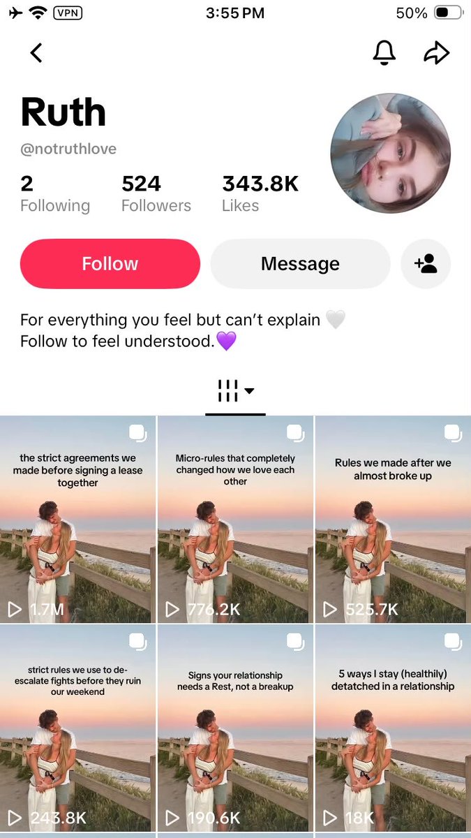 leonclipping's tweet photo. this girl might be a fucking genius

she built a relationship page around the same couple photo on every post, posts simple "rules we made after a fight" slideshows and then plugs an AI advice app on the last slide

no face
no filming
no audience needed
just:
-> one stock couple pic
-> relatable relationship content
-> same slideshow format every post
-> app plug as a "bonus tip"

the page only has 524 followers and it's already at 343k+ likes, top post did 1.7M views

she basically turned one beach photo into a full app distribution channel

this is the kind of slideshow use case i find way more interesting than random AI slop