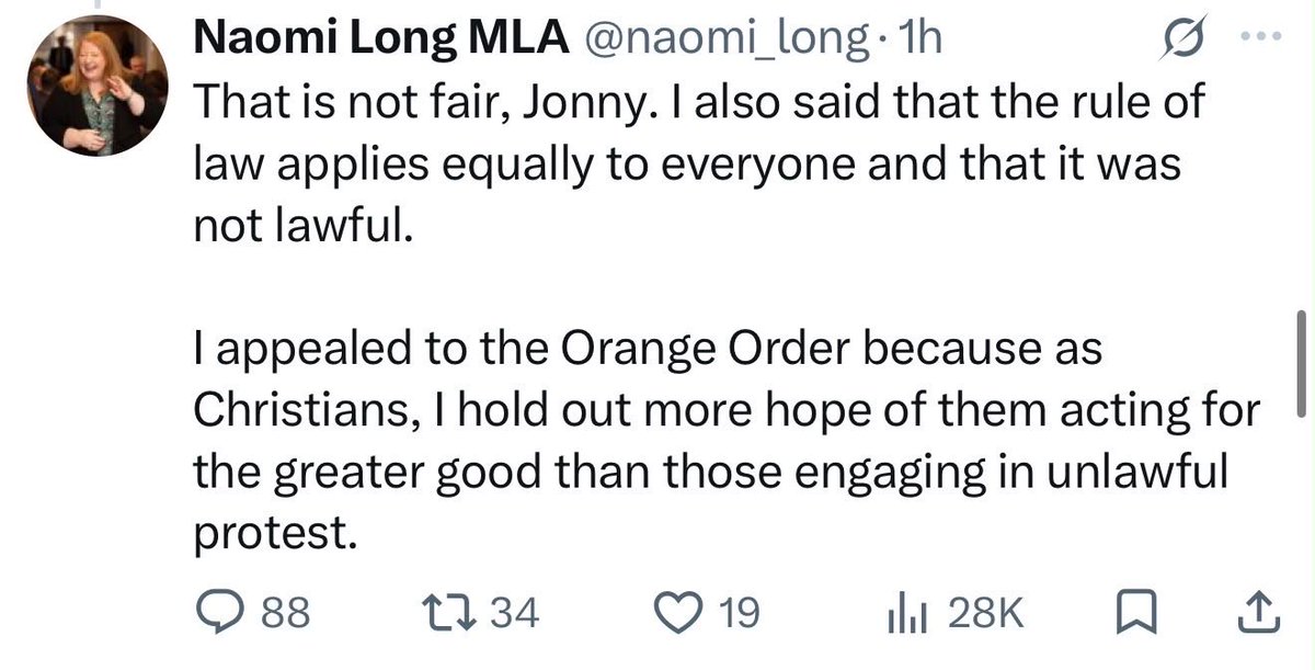 CarlJWhyte's tweet photo. I’ve been sent this (now deleted) post which I assumed was fake. It isn’t. 

Do Alliance MLAs share Naomi Long’s view that the 🍊Order are the good Christians here and the protesters are the ones we should worry about? 

A highly unusual endorsement given the 🍊Order’s admissions policy.
