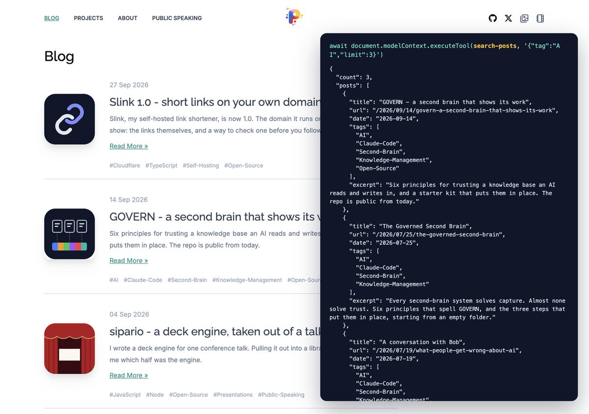 pardel's tweet photo. I've added WebMCP to my site. An agent in Chrome can now search my posts, list my projects and talks, and open a page, through tools the site declares instead of scraping the HTML.
One JSON file, one script. No site changes. Write-up, with the code: https://t.co/sxbmOKZdlC https://t.co/J3gws9U54n