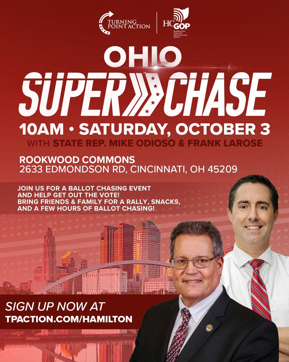 GabeGuidarini's tweet photo. 🚨 Hamilton County, Ohio:

Join us for Southwest Ohio’s FIRST Turning Point Action Super Chase launch of the midterm cycle, co-hosted alongside our friends at the Hamilton County GOP. 

This Saturday at 10:00 AM outside P.F. Chang’s at Rookwood Commons.

Excited to be joined by @FrankLaRose and @MikeOdioso. We’ll equip you with easy-to-use resources to help get out the vote in your own neighborhood.

RSVP: https://t.co/HwfMzhDyfH