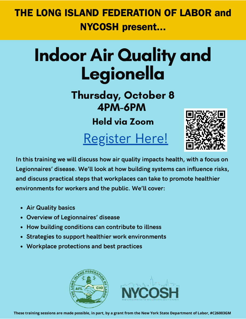 Local338's tweet photo. @LIFEDofLABOR and @NYCOSH are hosting a free virtual training this Thursday, October 8 from 4pm-6pm. Sign up to learn how to keep you and your coworkers safe from bad indoor air quality and legionella!

Click the link in our bio to register. https://t.co/B40wynlQtI