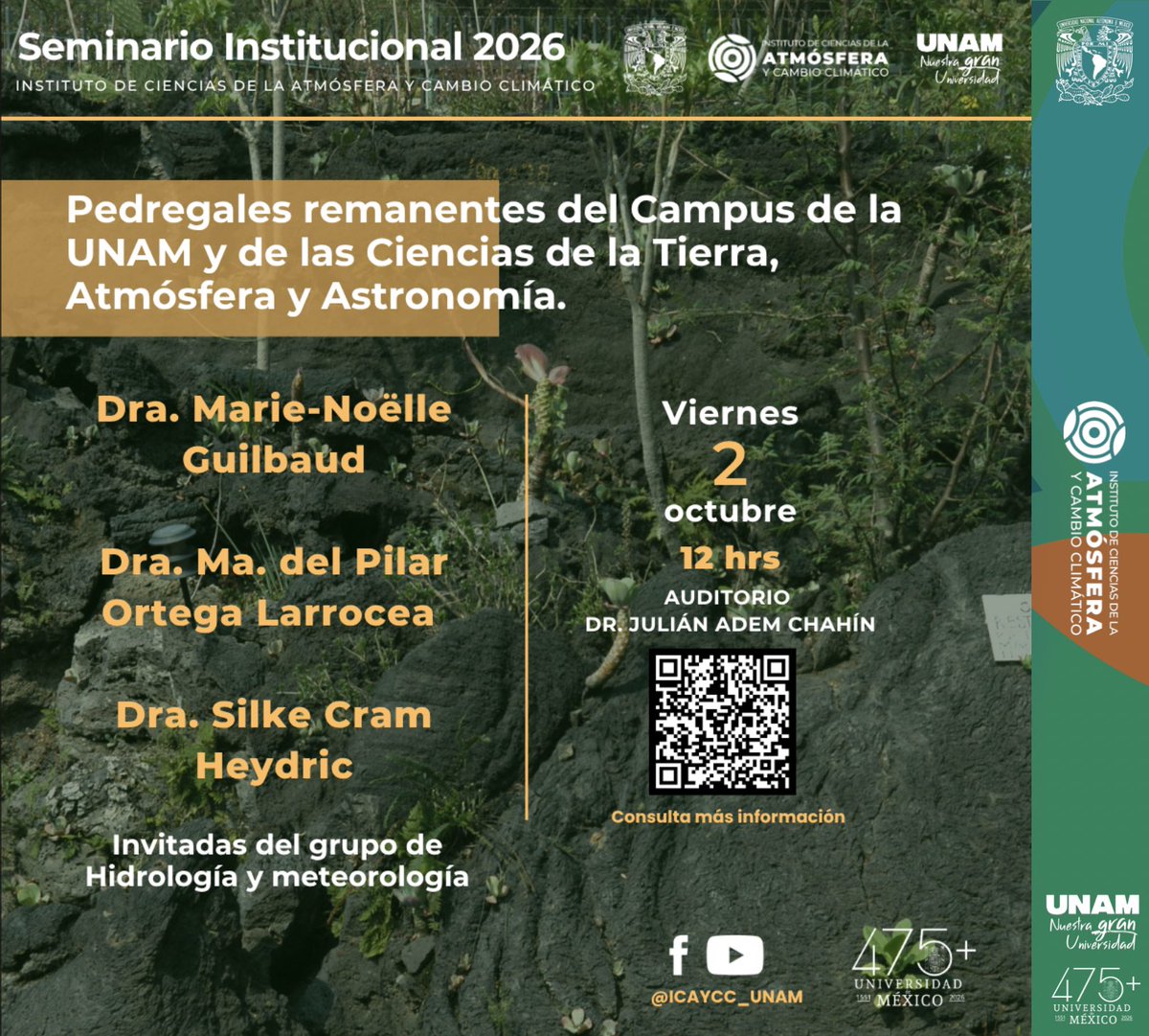 ICAyCC_UNAM's tweet photo. En este seminario conoceremos la importancia de estos espacios como parte del geobiopatrimonio de la UNAM, así como los proyectos que buscan conectarlos, restaurarlos y contribuir a su conservación dentro del campus. https://t.co/dGfv0cJzh2