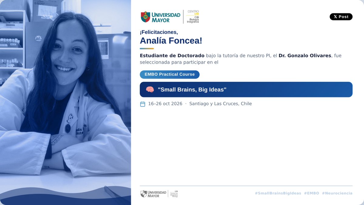 CIBumayor's tweet photo. 🎉 ¡Felicitaciones, Analía Foncea! Estudiante de Doctorado del Lab del Dr. Gonzalo Olivares fue seleccionada para el EMBO Practical Course "Small Brains, Big Ideas" 🧠
📅 16–26 oct 2026 | Santiago & Las Cruces, Chile
#EMBO #SmallBrainsBigIdeas https://t.co/66UF3YQ96A