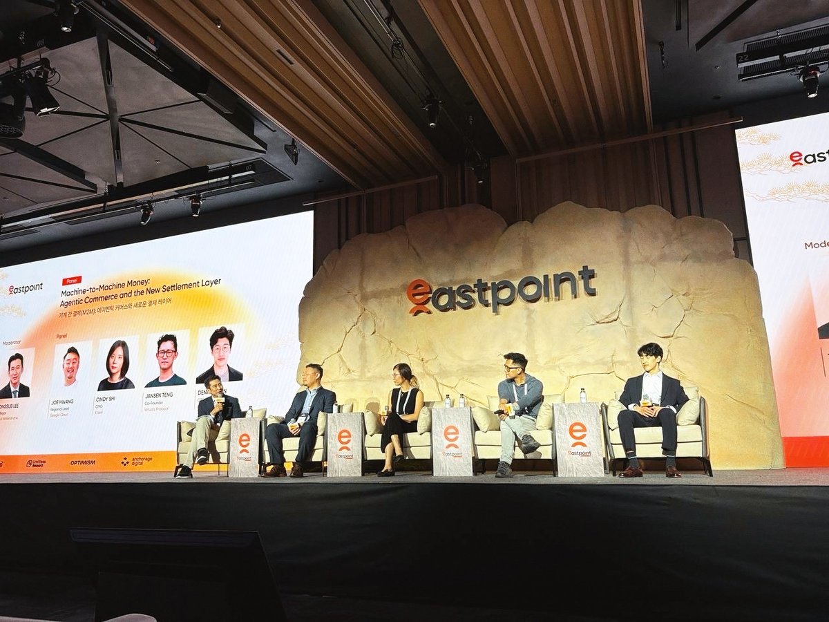 NewtonLabs's tweet photo. Our CTO @0xdenniswon on the @0xEastPoint main stage with @Cindyshi0907, @ethermage and Joe Hwang of @googlecloud, moderated by Jongsub Lee of SNU.

Dennis's take on agent payments: using stablecoins safely takes an approval layer that sets limits and conditions. https://t.co/W2sILXACi8