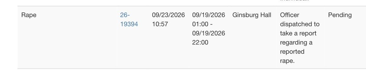 SamwiseGamz's tweet photo. Cornell publicizes their crime log. See below for ANOTHER rape charge on September 23, just five days ago. 

Shut the entire school down @Cornell 

https://t.co/Dnax6cAUSI https://t.co/NlTIFUSjJq