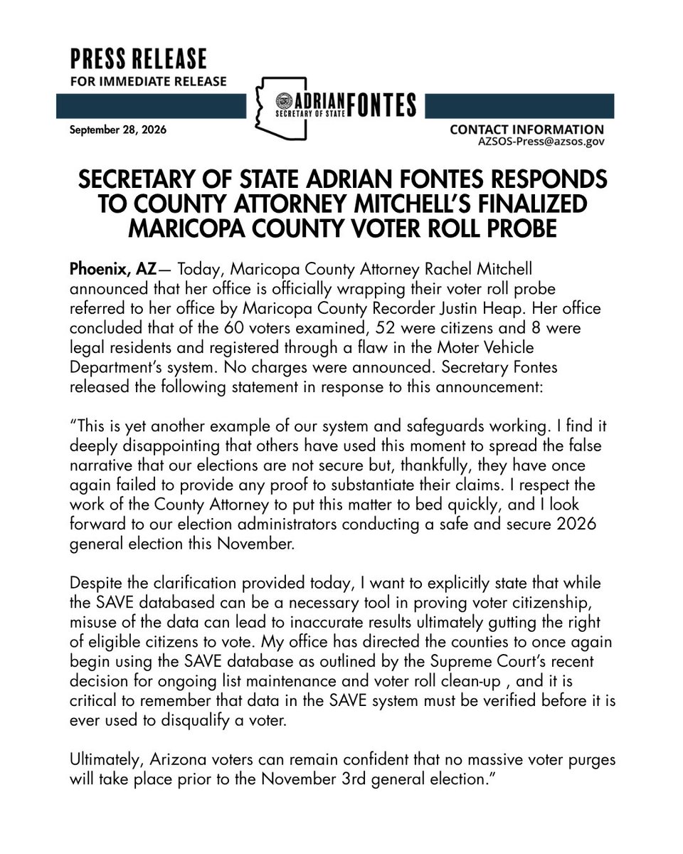 AZSecretary's tweet photo. PRESS RELEASE: Secretary of State Adrian Fontes Responds to County Attorney Mitchell’s Finalized Maricopa County Voter Roll Probe https://t.co/4yTIhbdpyB