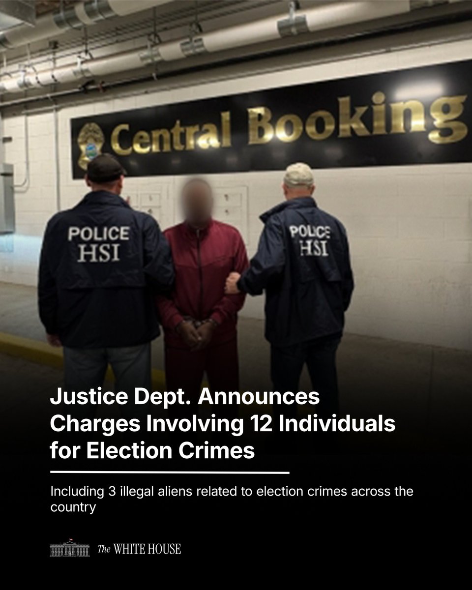 WhiteHouse's tweet photo. Protecting election integrity. 🗳️

@TheJusticeDept announced charges &amp; guilty pleas against 12 people, including 3 illegal aliens. Cases involve illegal alien voting in federal elections, false citizenship claims to register/vote, &amp; false statements on citizenship applications. https://t.co/fIR1WRjpn7