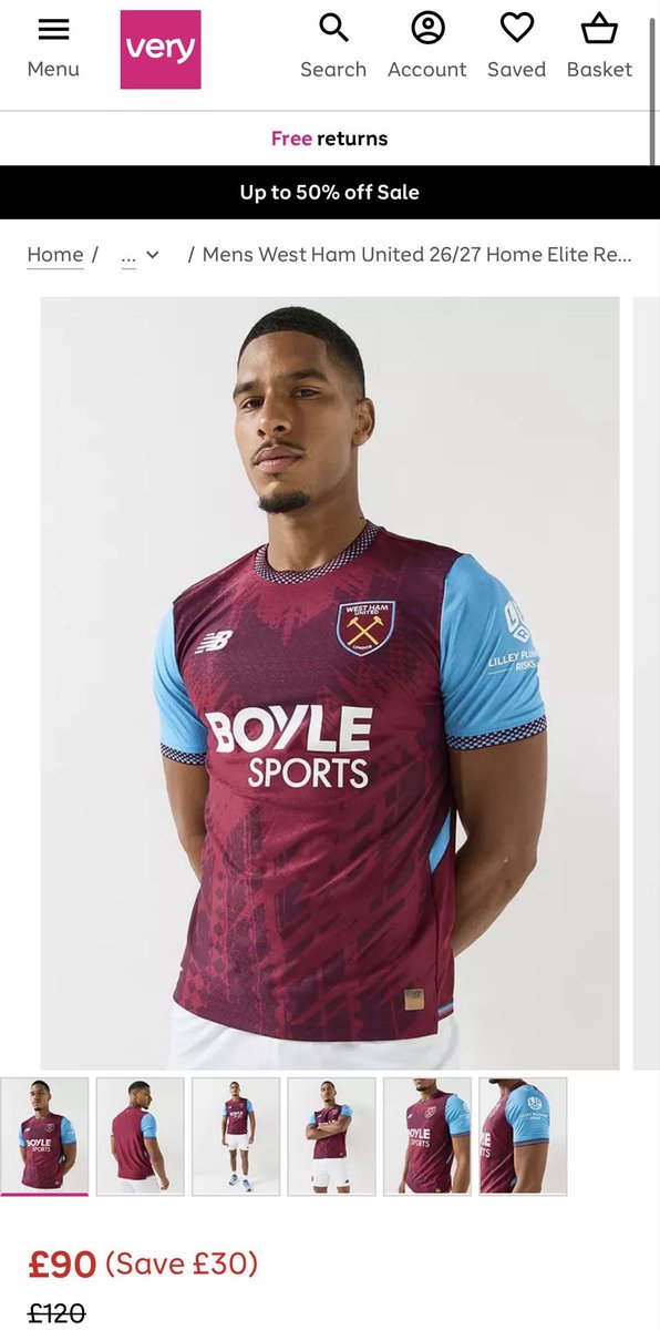 Sam6WHU's tweet photo. The West Ham home shirt is currently £63.50 on Very, while the Elite version is £90. A little drop in price. 

For anyone interested in the shirts but put off by the current prices at the club shop. https://t.co/rMiRWGr7Oy