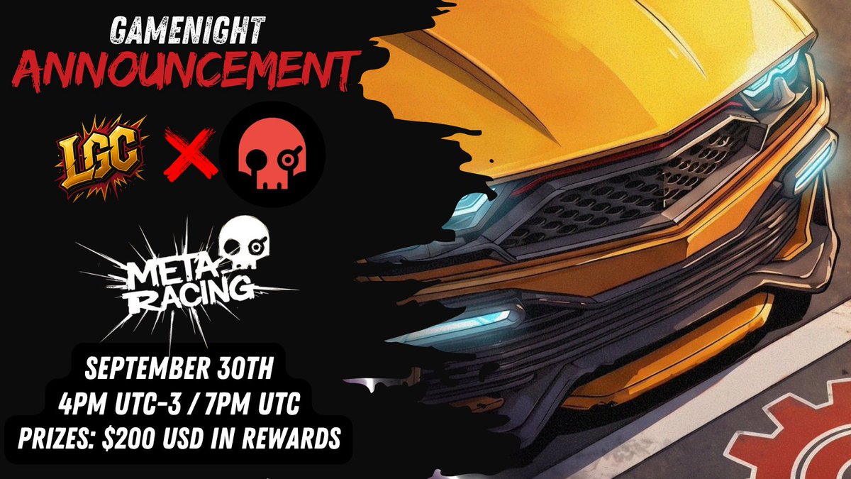 Lgc_GG's tweet photo. 🏎️GAMENIGHT ALERT🏎️

Já tem compromisso na quarta-feira? Então cancela porque vai rolar gamenight lá no Discord da Legacy e tem muito prêmios para você enquanto você joga @MetaRacing_io , jogo que mistura CORRIDA e CARD GAME.

 📅Data: Quarta, 30 de Setembro 
⏰ Horário: 4PM BRT ( 7PM UTC )
💰 Prêmios: $200 USD 

Já marca no seu @cal3ndar_gg e fica atento ao nosso Discord, vamos soltar todas as informações de como você consegue participar.