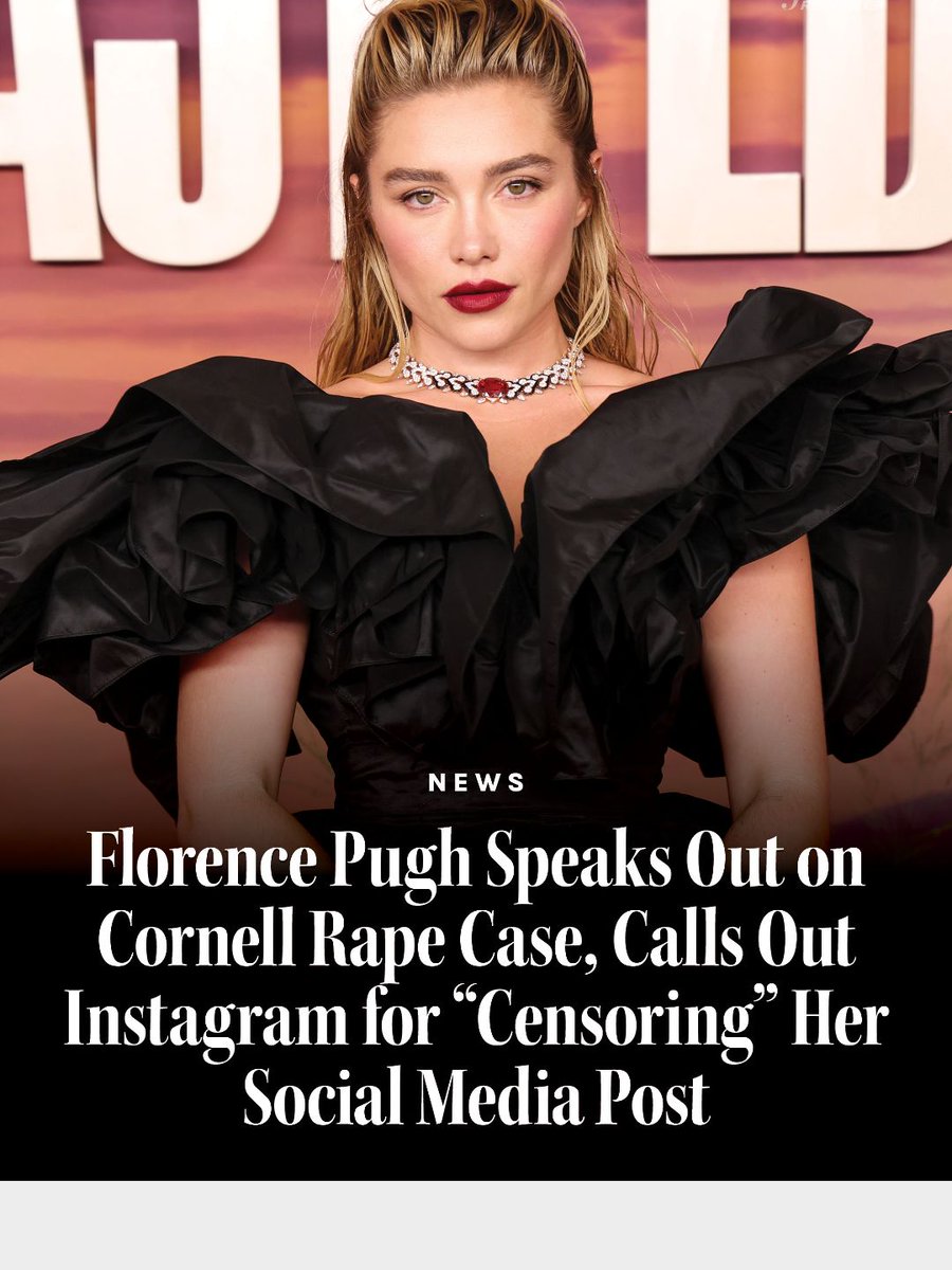 THR's tweet photo. Florence Pugh ardently spoke out on social media about an alleged sexual assault that took place in 2024 at Cornell University, later noting that her post had been “censored“ by Instagram. ⁠
⁠
After sharing her initial statement, Pugh noted that posts appeared to be “censored,“ writing later on Sunday, ”Am I being censored for talking about rape?”⁠
⁠
In attempting to review Pugh’s earlier post, users were given a sensitive content warning by the social media site that obscures the content of the post. THR has reached out to Meta for comment, but has yet to hear back.⁠
⁠
Read the full story, including her full statement: https://t.co/n3lc5U995L