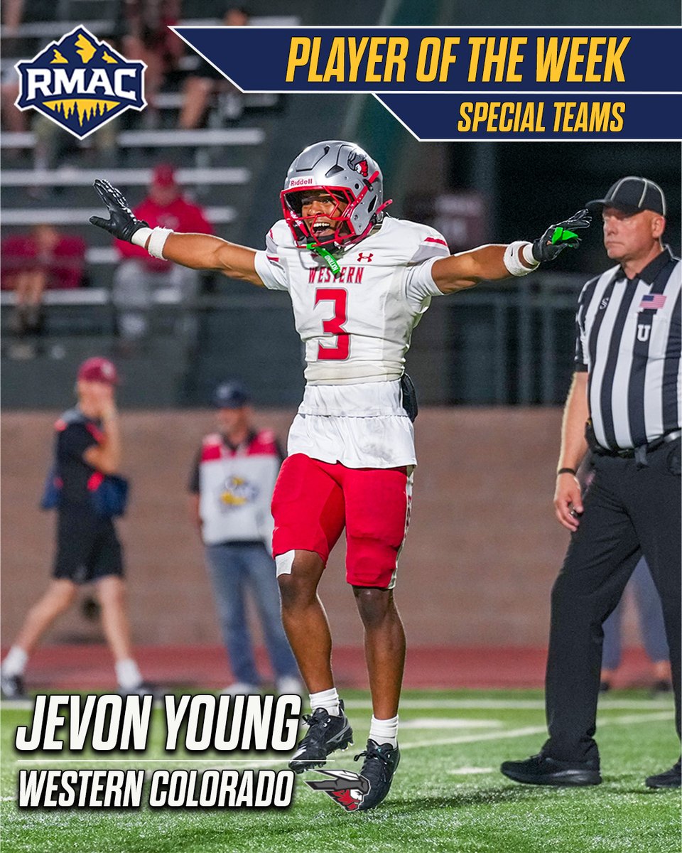 RMAC_SPORTS's tweet photo. 𝗥𝗠𝗔𝗖 𝗙𝗼𝗼𝘁𝗯𝗮𝗹𝗹 𝗦𝗽𝗲𝗰𝗶𝗮𝗹 𝗧𝗲𝗮𝗺𝘀 𝗣𝗹𝗮𝘆𝗲𝗿 𝗼𝗳 𝘁𝗵𝗲 𝗪𝗲𝗲𝗸!

Jevon Young, Western Colorado

Story > https://t.co/3d9KIbVzFm

#EverythingElevated | #MountUp | @MountaineerFB https://t.co/fCY8TGio44