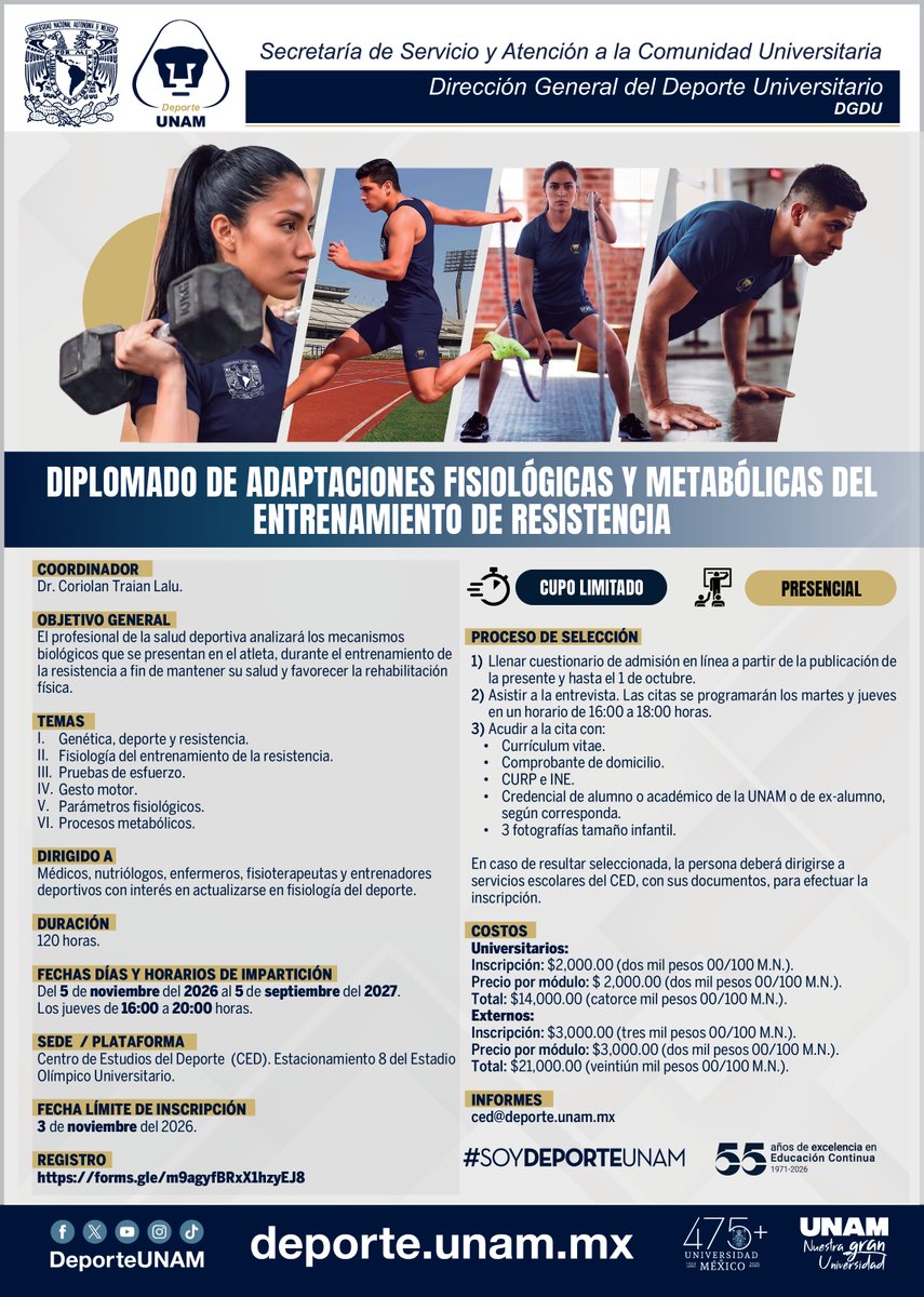 DeporteUNAM's tweet photo. 🏋🏻‍♂️Diplomado de adaptaciones fisiológicas y metabólicas del entrenamiento de resistencia🏃🏻‍♀️

🗓️ Fecha límite de inscripción: 3 de noviembre
📌 Registro: https://t.co/CIVsx7jChZ

ℹ️ ced@deporte.unam.mx

#SoyDeporteUNAM https://t.co/mSzsI7wgqa