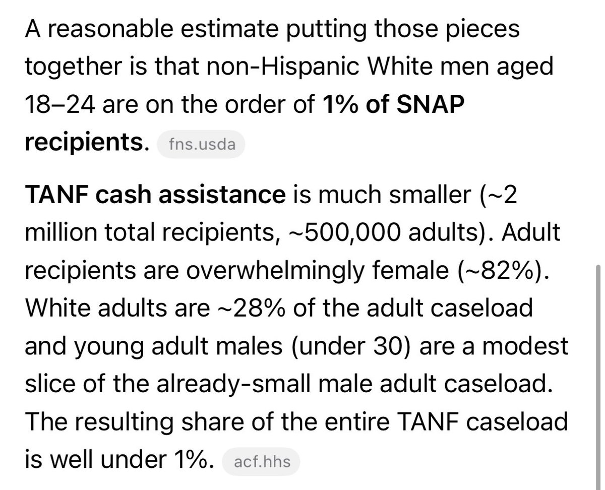 seanmdav's tweet photo. I asked Grok what percentage of welfare and food stamp recipients are white men under the age of 25.

The answer? 1%. White men under 25 are comprise 1% of welfare recipients.

And that’s who Republicans are mocking in their ads as the new welfare queens. https://t.co/umPWypinKi
