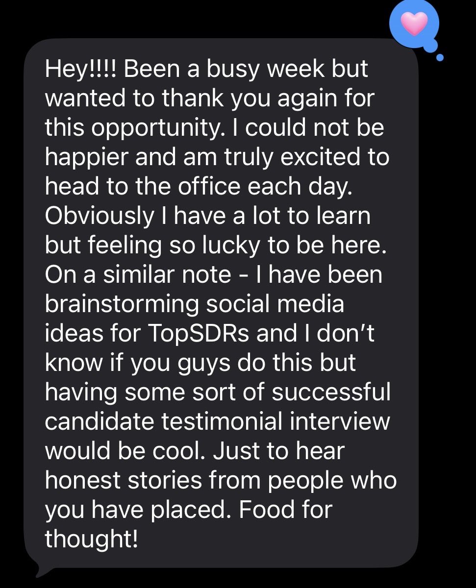 Awilks679's tweet photo. The best texts to get. This is a candidate we placed last month. She was Harvard —> traditional path and then we helped her pivot into sales at a tier 1 startup in NYC. 

And YES we will be doing an interview w her soon per her suggestion! https://t.co/8TiYVKpO94