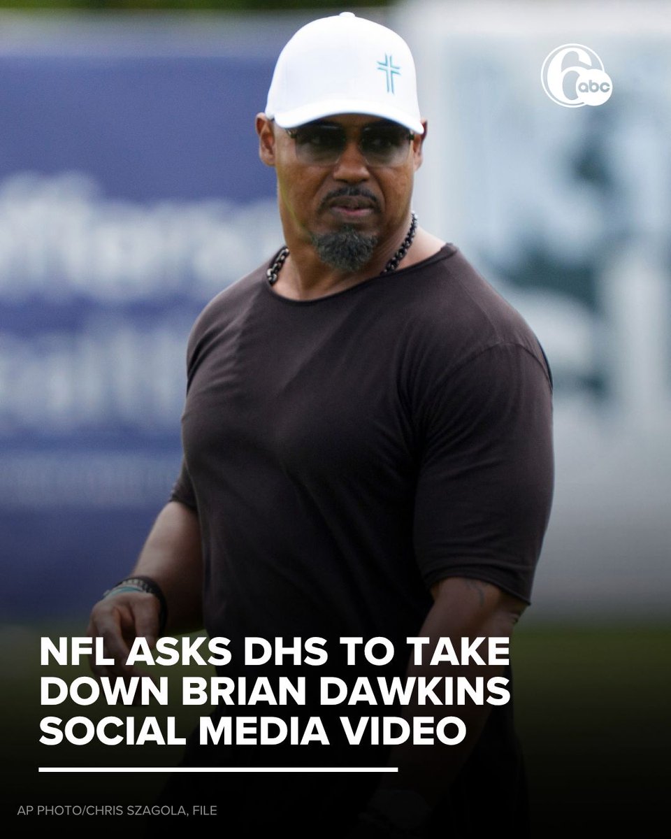 6abc's tweet photo. The NFL asked DHS to remove a social media post likening former Eagles star Brian Dawkins' greatest hits to immigration agents' treatment of migrants. https://t.co/mX9Qt8w5Jr https://t.co/FaZa6YBbcK